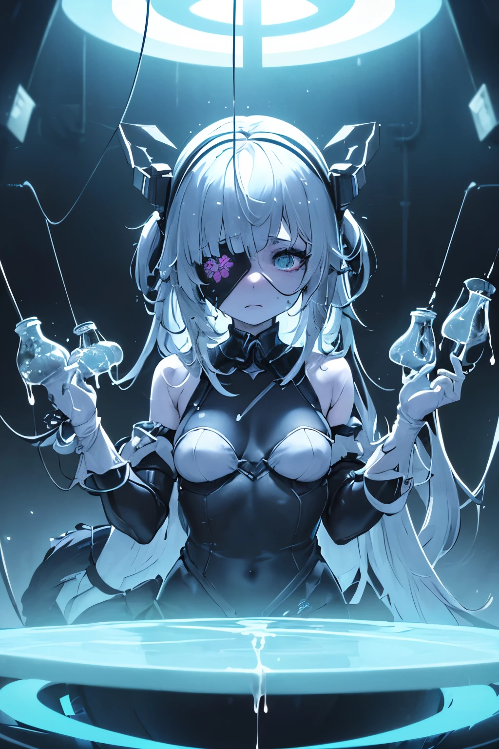 (((on the table))), (((best quality))), ((Super detailed)), (illustration), (1 girl),Beautiful and delicate eyes,small , double tail , anime style,girl trapped in transparency, Cylindrical tank filled with green liquid, her limbs were、Her body was tangled in rope.(head mounted display, eyes covered.) she was organized, There was an expression of enjoyment on her face、Her heart has fallen into a fog. A heavy hood is fastened to her head, Manipulate her mind、Used to control her behavior. (((A thick cable was inserted into her genitals, Injecting mysterious fluids and substances into her body and oozing white liquid from it))) The room around her was sterile and cold, Illuminating the scene with harsh fluorescent lights.Girl surrounded by members of the organization, Faces and intentions hidden behind masks. She tried to resist their control, However、Because she is constantly undergoing cruel experiments、Her efforts were in vain.(Yamanosume)