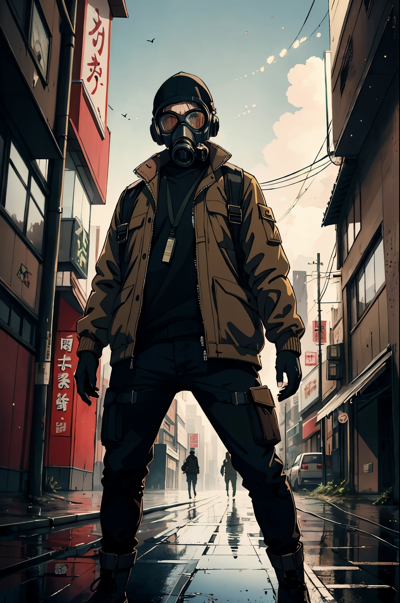 man wearing gas mask , brown jacket , black pants , is in a apocalyptic city , handrawn , japanese animation, 4k high ultra quality