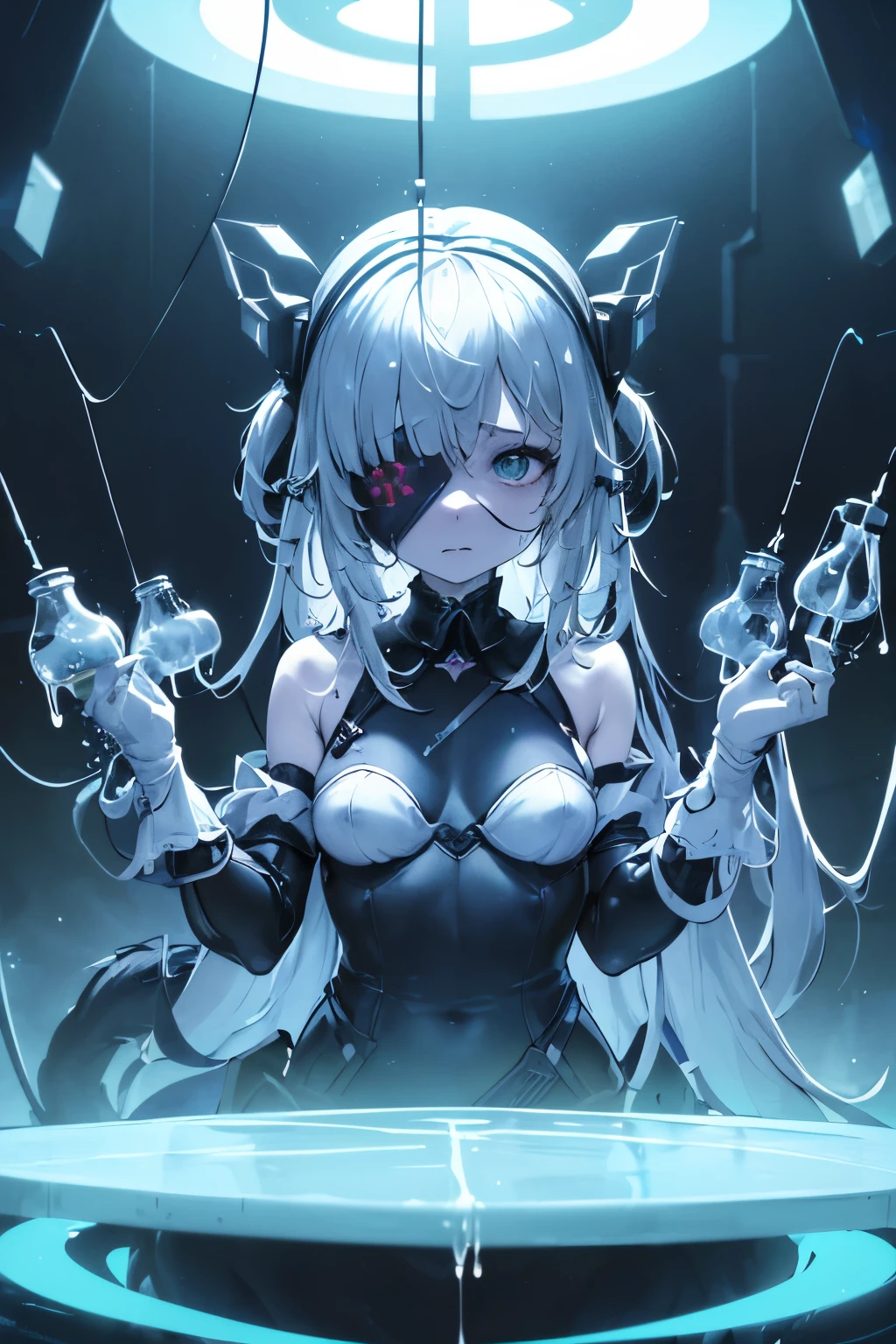 (((on the table))), (((best quality))), ((Super detailed)), (illustration), (1 girl),Beautiful and delicate eyes,small , double tail , Anime style wearing underwear,girl trapped in transparency, Cylindrical tank filled with green liquid, her limbs were、Her body was tangled in rope.(head mounted display, eyes covered.) she was organized, There was an expression of enjoyment on her face、Her heart has fallen into a fog. A heavy hood is fastened to her head, Manipulate her mind、Used to control her behavior. (((A thick cable was inserted into her genitals, Injecting mysterious fluids and substances into her body and oozing white liquid from it))) The room around her was sterile and cold, Illuminating the scene with harsh fluorescent lights.Girl surrounded by members of the organization, Faces and intentions hidden behind masks. She tried to resist their control, However、Because she is constantly undergoing cruel experiments、Her efforts were in vain.(Yamanosume)
