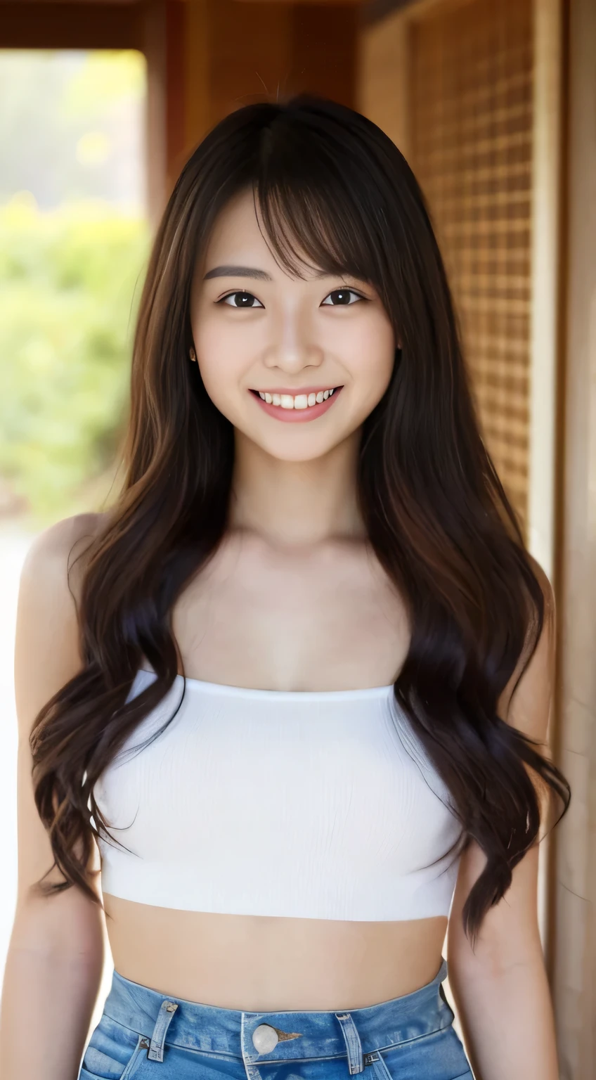 Japanese ),18-year-old,((beautiful girl)),An expression that imagines something pleasant:1.2,(perfect body beauty:1.2),((perfect body)),(shy smile),beautiful teeth,