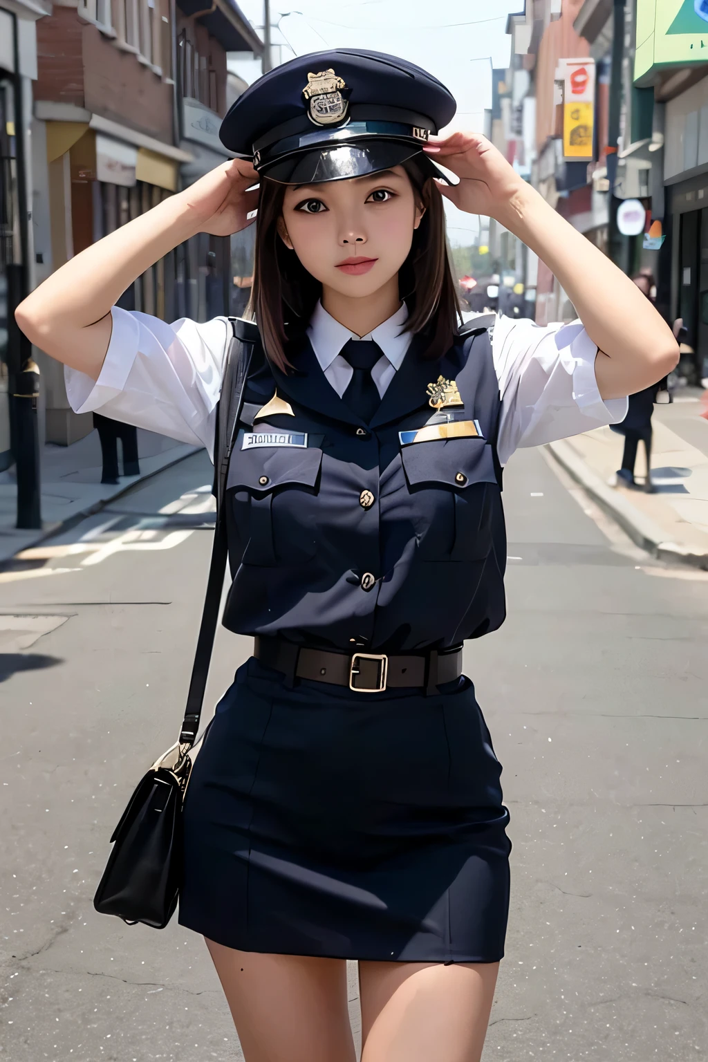 salute、police uniform、police hat、whole body、photo taken from below、a beautiful female police officer、((Brown Long Bob Hair))、city