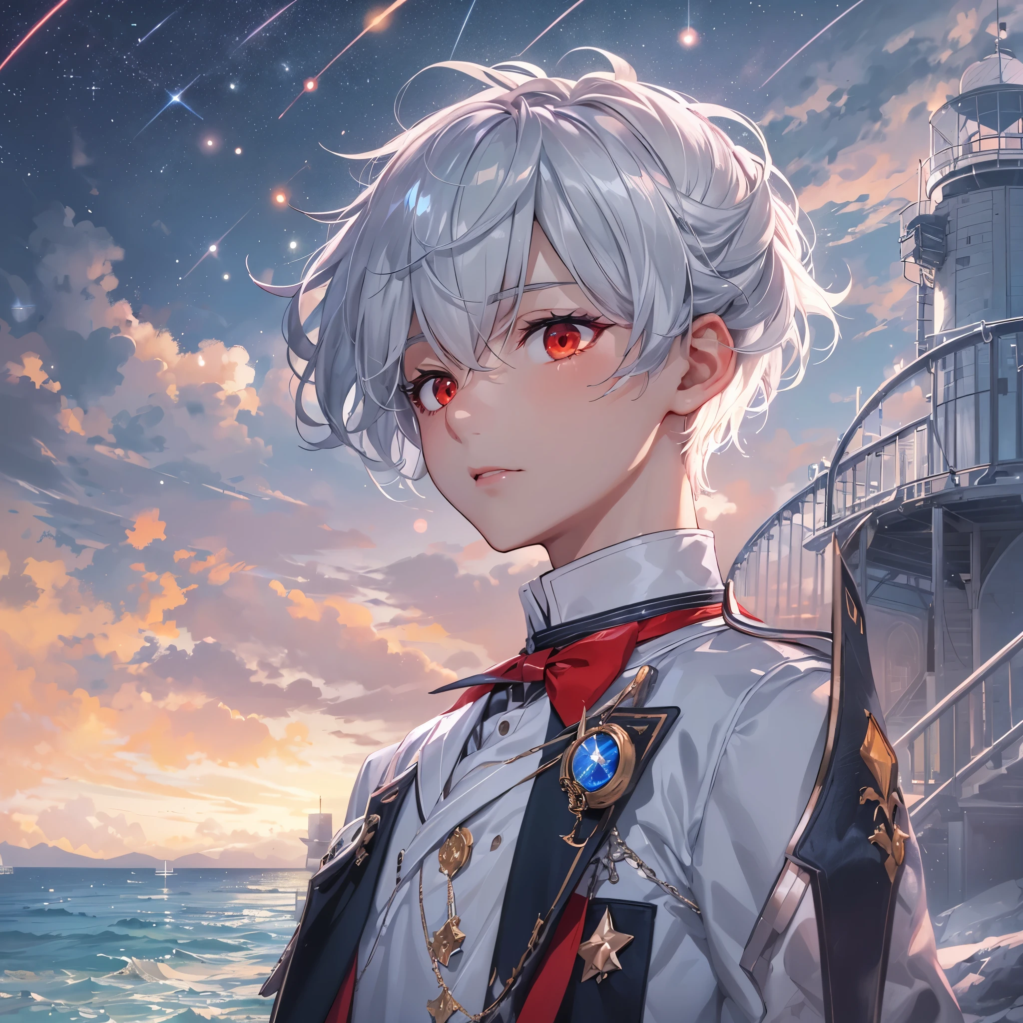perfect anatomy, masterpiece:1.2, best quality, 8k, beautiful detailed grow, daydreaming expression, in the lighthouse by the sea, ((meteor shower in space)), break, serious face, profile (solo short silver hair divine boy, 15yo, detailed red eyes), in a butler uniform.
