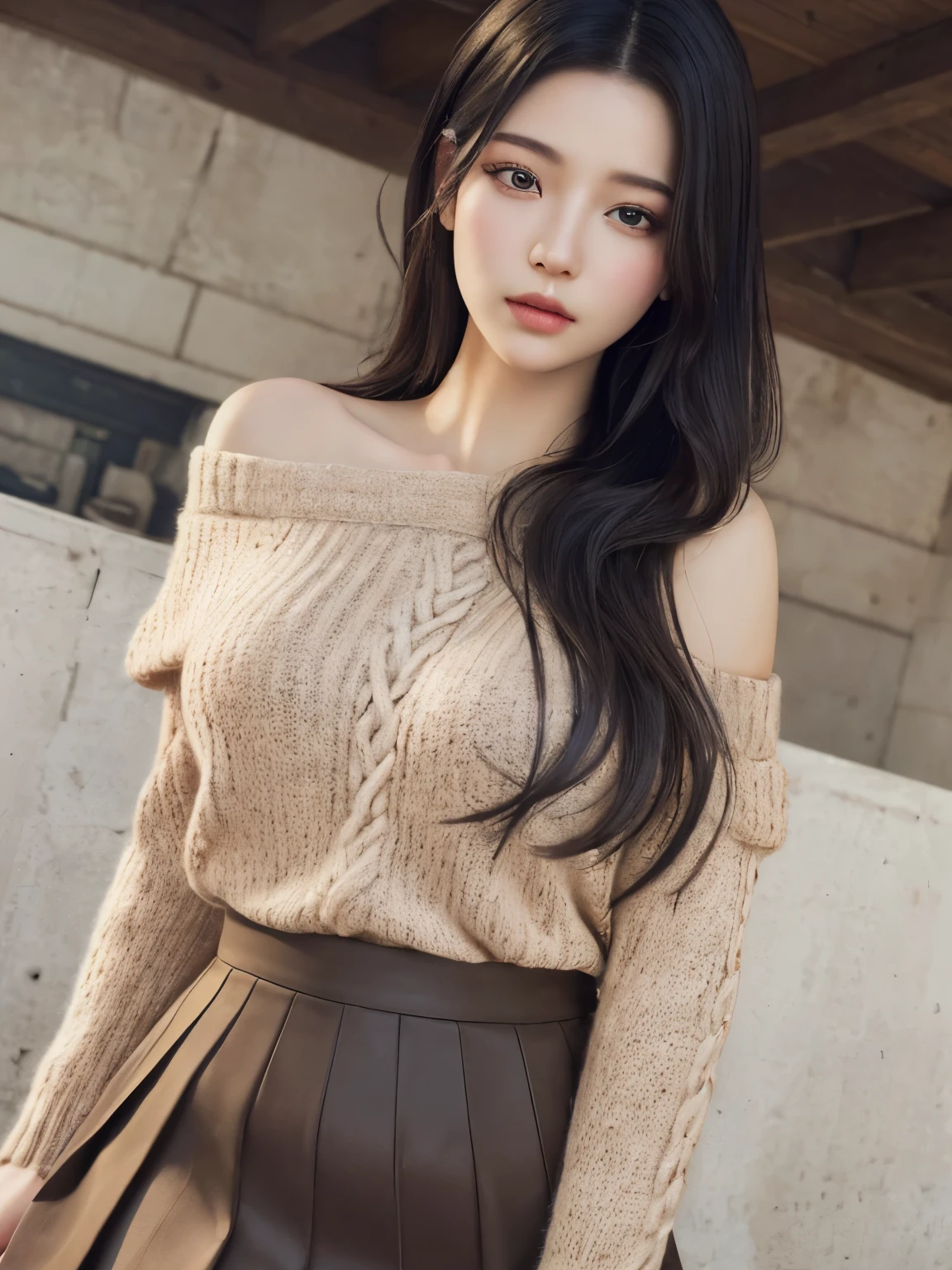 (masterpiece:1.3), (8k, realistic, RAW photo, highest quality: 1.4), (1 girl), beautiful face, (realistic face), (black hair,), big 、beautiful hairstyle, realistic eyes, detailed and beautiful eyes, (realistic skin), beautiful skin, (sweater with visible shoulders), skirt length is short、disorganized, Charm, ultra high resolution, surreal, very detailed, golden ratio