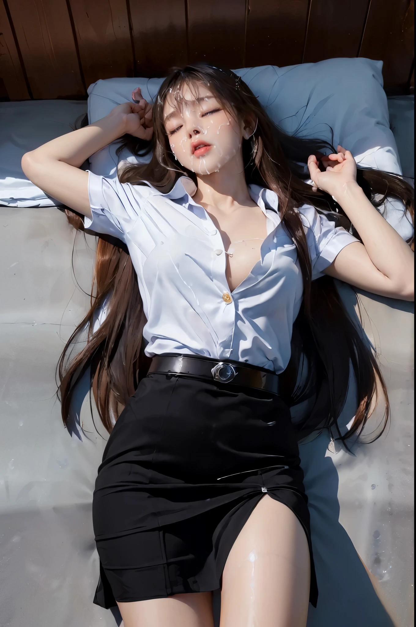 (perfect anatomy, anatomically correct, super detailed skin))), 1 woman, ((Thai university uniform:1.6)), from front, shiny skin, detailed hair, detailed face, detailed eyes, long hair, ((natural bangs)), beautiful body, normal breasts, beautiful thighs, beautiful legs, camel toe, ((detailed cloth texture, button down white shirt, belt, black tight skirt, short skirt:1.3, tattered skirt:1.4, pantyhose, high heel shoes)), white panties, ((eyes closed:1.6)), (sleeping), (lying down flat on back:1.7), ((แขนสองข้างแนบลำตตัว)), on the floor, storeroom, ((unconsciousness:1.7)), (8k, top quality, masterpiece:1.2, extremely detailed), (realistic, photorealistic:1.4), beautiful illustration, dim room lighting, (semen on forehead:1.2), (semen on thighs:1.9)