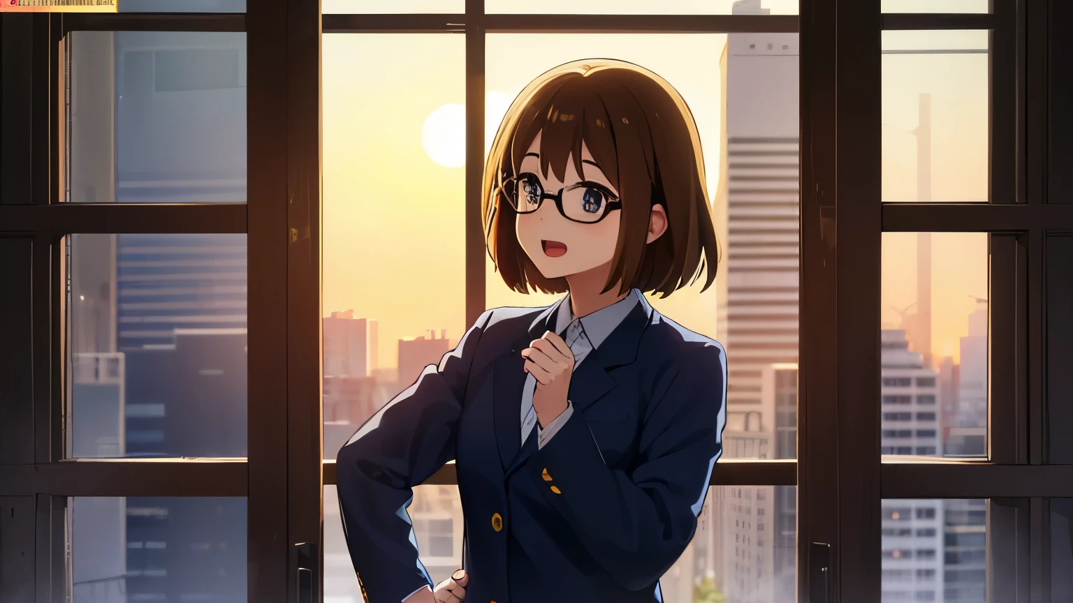 1girl, (((masterpiece))), top-quality, top-quality, High Details, Hirasawa Yui, 1girl, Indonesian High School Uniform, student clothes, two yellow hairpin, short hair, A brown-haired, brown-eyed, glasses, 独奏, reddish, Dark blue blazer with thin blue ribbon, Solid white buttoned shirt under blazer, read a book, illustratio, comic strip, soothing tones, Subdued Color, Soft cinematic light, adobe lightroom, photolab, HDR, intricately and hyper-detailed、(((depth of fields))))。(((masterpiece)))。(((top-quality))).)((ultra-detailliert)))。(((illustratio)))。(((takeout))).dynamic focus.big breasts.(((Skyscrapers))).(((A city scape))).(((Face of happiness))). open mouth.(((put hands on the hip))).(((up chest))).((afternoon glow)).((the setting sun)).