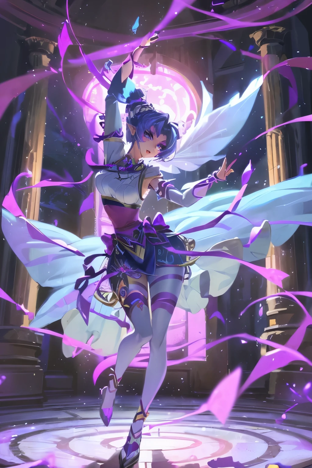 There is a woman in a skirt dancing on the checkered floor, Faeries&#39; Moonlight Dance, Astral Fairy, Fairies dance, Inspired by Leng Mei, dark elf, ethereal wings, spread wings, full body xianxia, Dark Demon Dancer, Moon themed clothing, Outfits with blue accents, a beautiful pole dancing fairie
