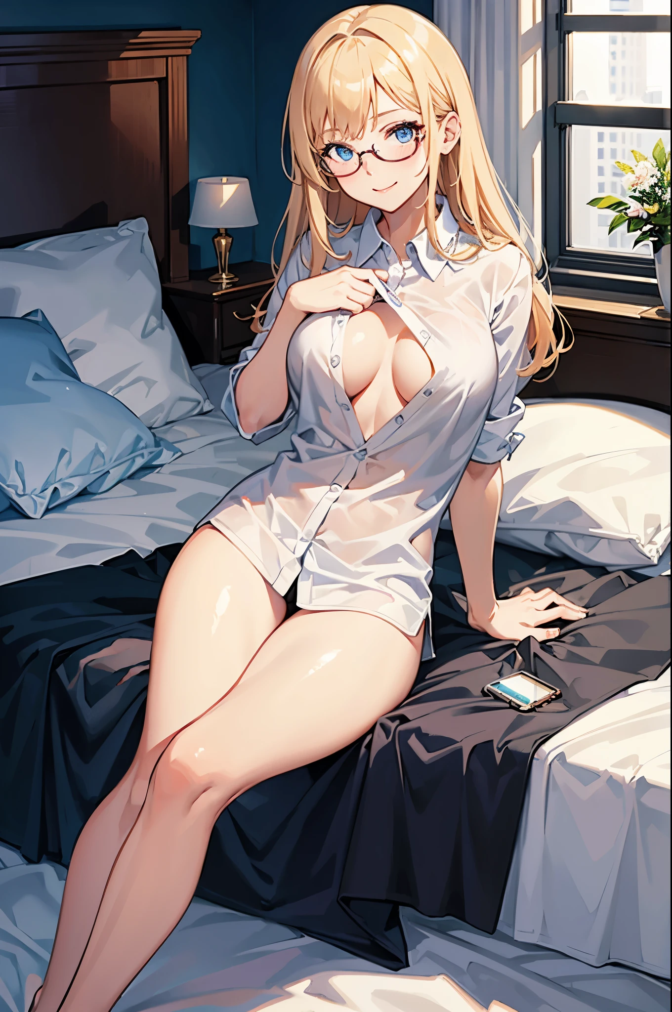 masterpiece, 1girl, shirt, bottomless, bedroom, blonde_hair, blue_eyes, smile, laying_in_bed, glasses, breast