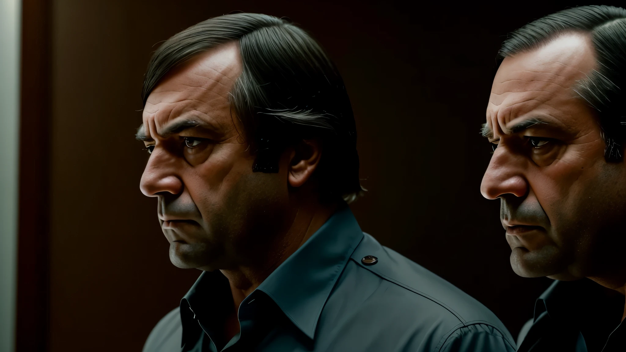 RAW photo in sequence, uma imagem de Anton Chigurh, ((serious and calm profile)), olhos penetrantes, vestindo uma camisa cinza escura, luz natural, low saturation, textura grainy, Boquim raspado, Fujifilm X100V, Foto Realista, Foto Profissional, Personagem de Cinema, Detalhe estranho, Intimidante, Baixa contraste, 4K UHD, Alta qualidade, Textura cinzelada, Tony S. Daniel.

"An image in RAW sequence, a picture of Anton Chigurh,