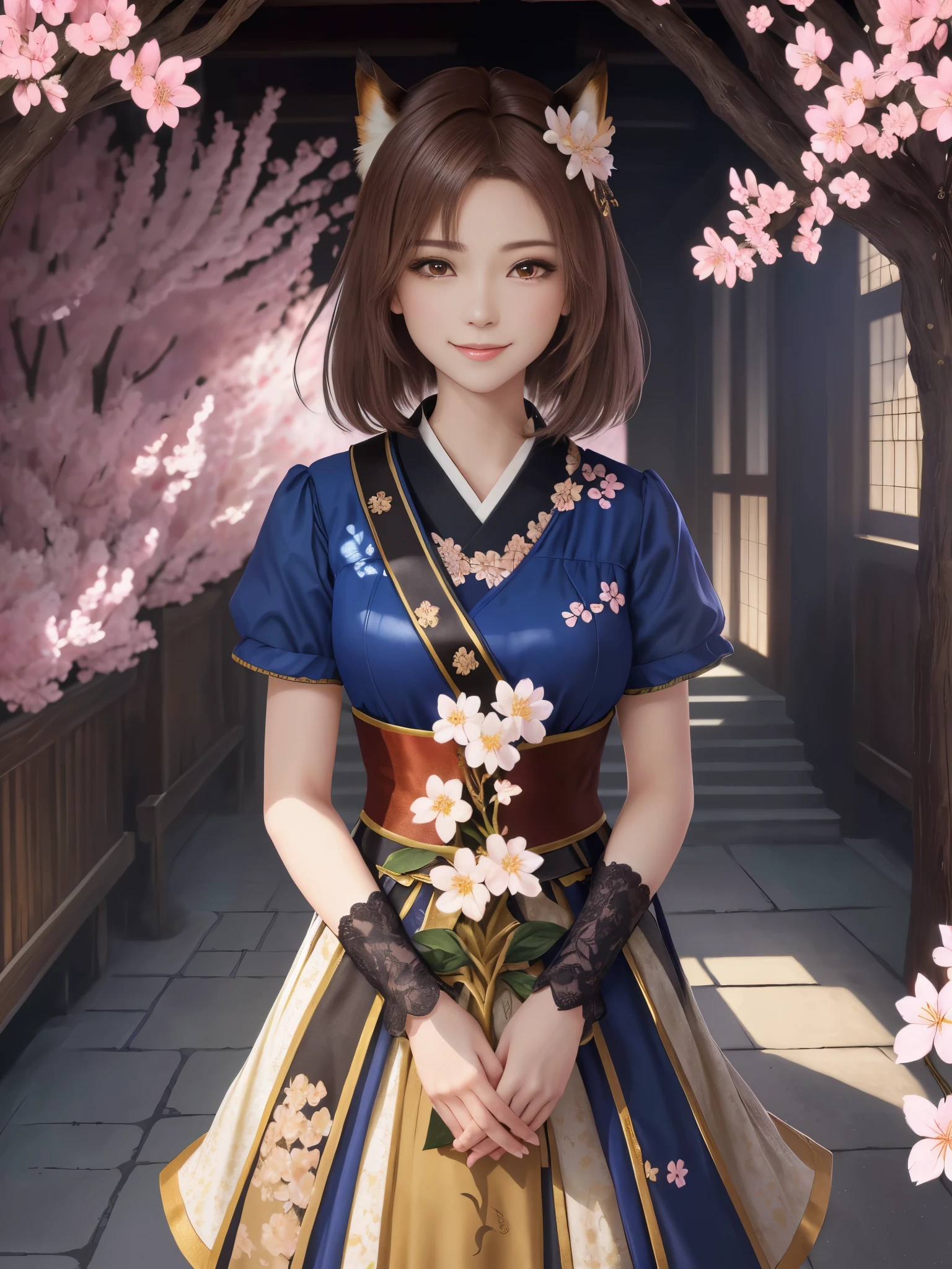 masterpiece , best quality,close up of face,smile,the whole body is facing forward,bright brown hair,brown eyes,sharp contrast,short hair,美しいフォルムのshort hair,just one person,precision quality,Faithfully reproduced eyes, 一面に咲くcherry blossom background,masterpiece, 幻想的なcherry blossom background,cherry blossom background,beautiful details, colorful, delicate details, delicate lips, intricate details, genuine, ultrargenuineista, 枝に座っている色とりどりの髪のFoxを持つ女の子:Mature, bright eyes, ,色とりどりのFox, raposa de nine tails, 三尾Fox, 三尾Fox, onmyoji detail art, beautiful fine art illustration, mythical creatures, Fox, beautiful digital art,shrine maiden,hold hands,exquisite digital illustration, mizutsune, Inspired by mythical wild web creatures, pixiv in digital art, shining light, high contrast, Mysterious,