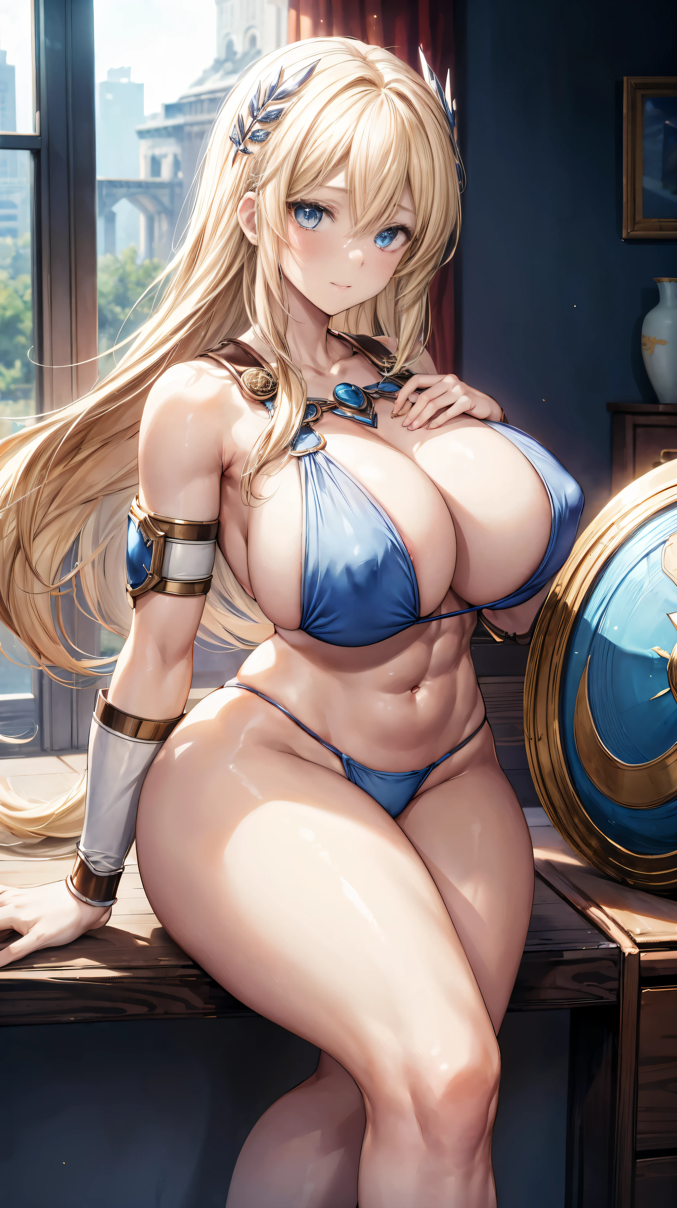 sensual, long blonde hair, thick thighs, 8k, 4k, highest quality, High resolution:1.2), cute anime face, noise reduction, shining blue eyes, gentle smile, gentle eyes、toned abdominal muscles, muscular arms, muscular legs,  young face, anime eyes, (((big breasts、A chest that is about to burst)))、sophistry、sword、shield