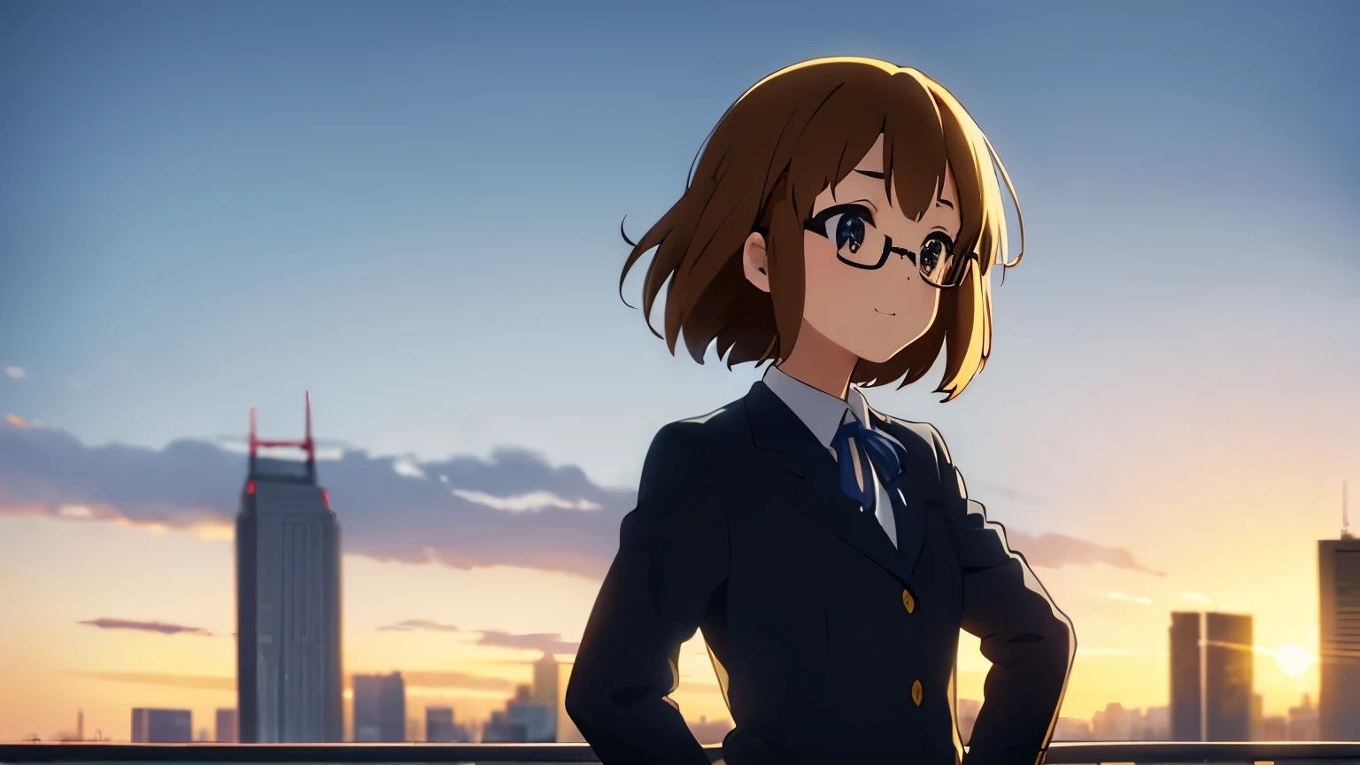 1girl, (((​masterpiece))), top-quality, top-quality, High Details, Hirasawa Yui, 1girl, Sakuragaoka High School Uniform, student clothes, two yellow hairpin, short hair, A brown-haired, brown-eyed, glasses, 独奏, reddish, Dark blue blazer with thin blue ribbon, Solid white buttoned shirt under blazer, read a book, illustratio, comic strip, soothing tones, Subdued Color, Soft cinematic light, adobe lightroom, photolab, HDR, intricately and hyper-detailed、(((depth of fields))))。(((​masterpiece)))。(((top-quality))).)((ultra-detailliert)))。(((illustratio)))。(((takeout))).dynamic focus.big breasts.(((Skyscrapers))).(((A city scape))).(((Face of happiness))). Smile mouth.(((put hands on the hip))).(((up chest))).((afternoon glow)).((the setting sun)).