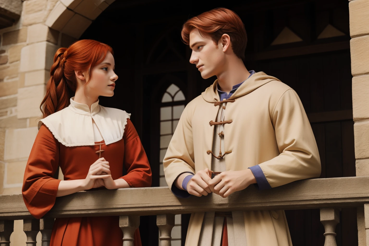 England, 1337. A young ((((21-year-old)) Merthin Fitzgerald)), handsome, athletic, in a balcony, with ((((Caris Wooler)))), ((awe expression)). ((((clothings from the 1300s)))), ((redhead hairstyle of the 1300s))