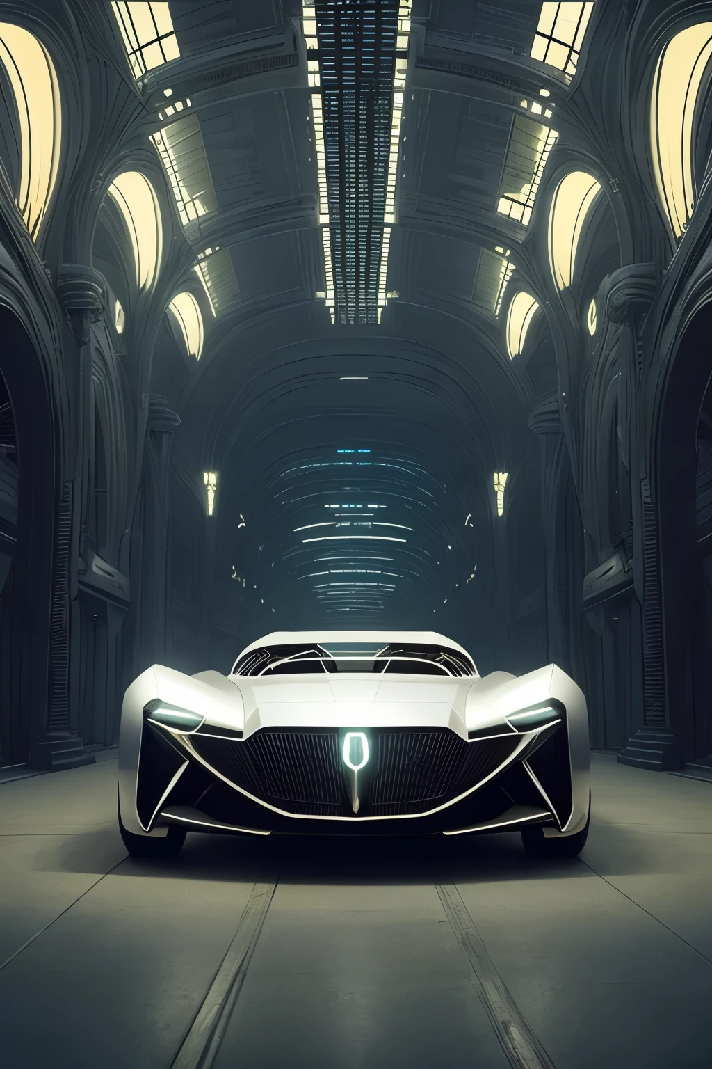 wide shot of a minimal biomechanical steampunk translucent opaque vehicle reminiscent of 40s 1940 car, modern luxury yacht, pearl white and carbonfiber, led lights, glowing headlights, gothic and baroque, rococo, brutalist, ultradetailed, creepy ambiance, fog, artgerm, giger, by Ellen Jewett and Josan Gonzalez and Giuseppe Arcimboldo, zaha hadid, night city background