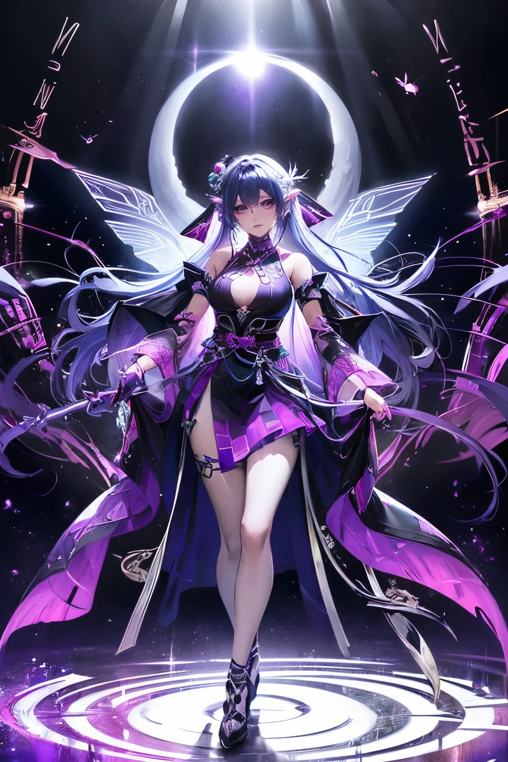 There is a woman in a skirt dancing on the checkered floor, Faeries&#39; Moonlight Dance, Astral Fairy, Fairies dance, Inspired by Leng Mei, dark elf, ethereal wings, spread wings, full body xianxia, Dark Demon Dancer, Moon themed clothing, Outfits with blue accents, a beautiful pole dancing fairie
