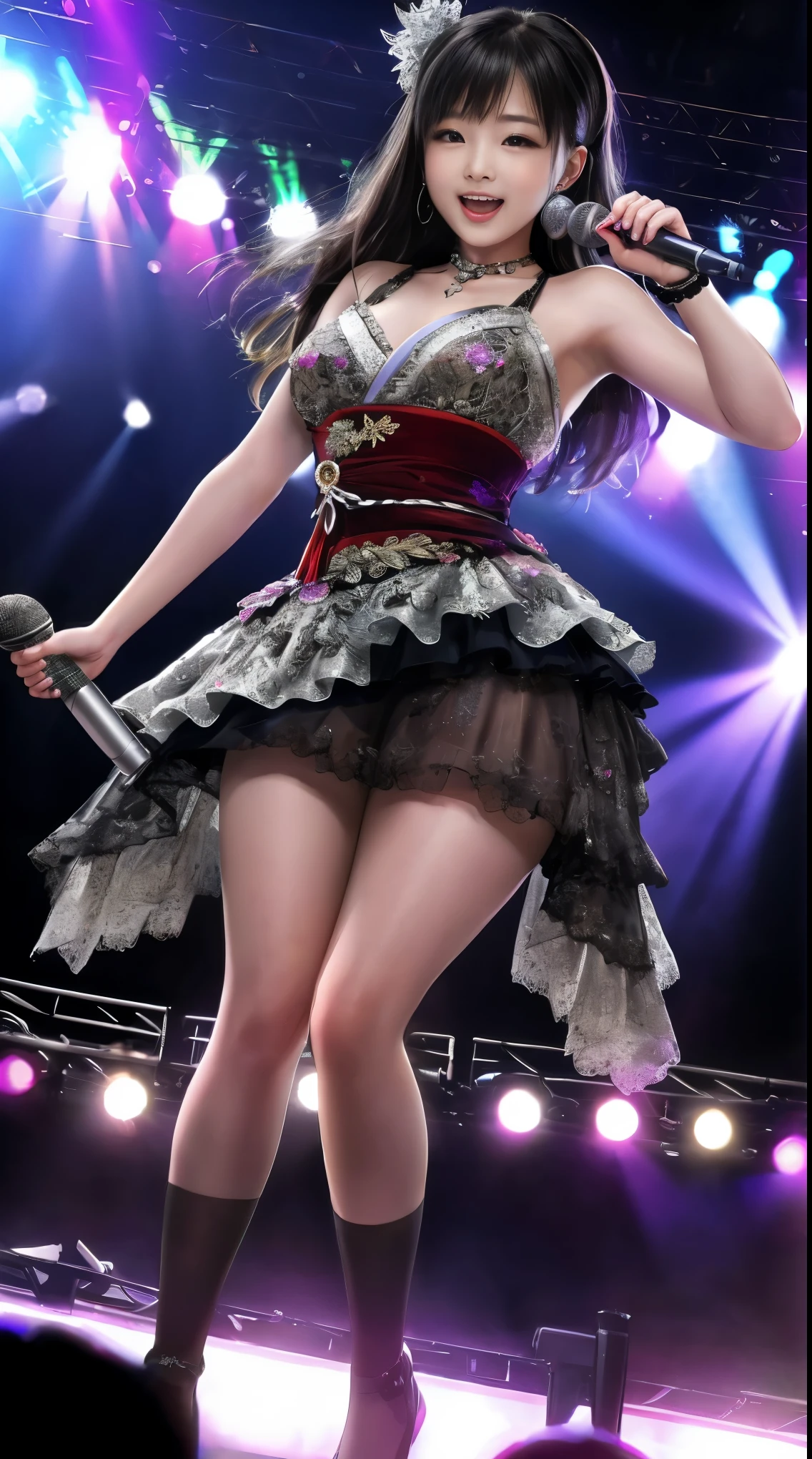 masterpiece、最high quality、high quality、high quality、premium quality、wonderful品質、Exceptional quality、excellent quality、Luxury quality、excellent quality、best image quality、8k、super resolution、最High resolution、High resolution、最high quality、Rich shades、shining quality、crystal clear、realistic images、perfect details、Image without defects、clear image、wonderful表示、Bright colors、deep contrast、high fidelity、amazing clarity、optimal performance、UHD image、realistic、wonderful、perfect image、Close to reality、Realistic human body in every detail、Realistic skin in every detail、Realistic face in every detail、Realistic eyes in every detail、Realistic lips in every detail、Realistic teeth in every detail、Realistic ears down to the last detail、Realistic hair down to the last detail、Realistic arms down to the last detail、Realistic reproduction of every detail、Realistic fingers in every detail、(fine hands、thumb1reference4)、Realistic feet in every detail、驚くほどBeautiful woman、Beautiful woman、attractive woman、shining beautiful woman、elegant woman、dazzling woman、wonderful女性、breathtaking woman、glamorous woman、((japanese model))、((25 years old))、(black hair)、(straight hair)、((whole body))、((Upward beautiful breasts、Medium chest))、(slim style、slender style)、(whole body光沢肌、Fair skin)、Detailed and realistic human body、detailed realistic skin、detailed realistic face、detailed realistic arms、detailed realistic fingers、Detailed realistic feet、(professional lighting)、((big stage venue))、((large concert venue))、(on stage)、((Idol))、((singer))、((transparent see-through(Costumes with frills))、(((on stage(microphone1have、Sing enthusiastically)))、(whole body映像)、angle from below、(Lots of galleries、large audience)