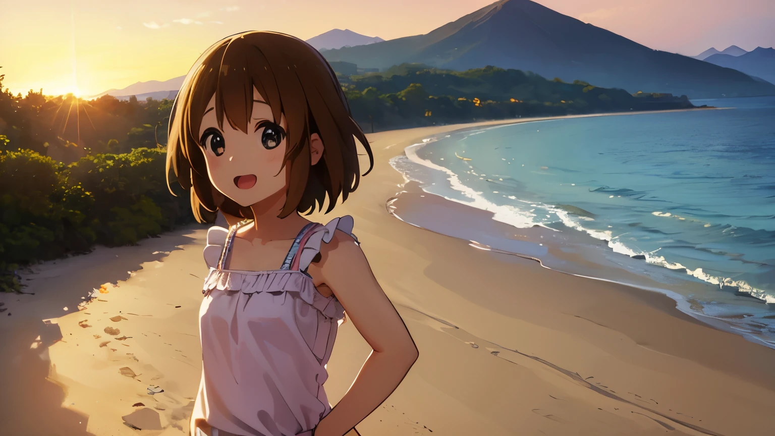 1girl, (((masterpiece))), top-quality, top-quality, High Details, Hirasawa Yui, 1girl, glasses, two yellow hairpin, short hair, A brown-haired, brown-eyed, 独奏, bikini clothes, underwear, bikini, full body, full image, illustratio, comic strip, soothing tones, Subdued Color, Soft cinematic light, adobe lightroom, photolab, HDR, intricately and hyper-detailed、(((depth of fields))))。(((masterpiece)))。(((top-quality))).)((ultra-detailliert)))。(((illustratio)))。(((takeout))).dynamic focus.big breasts.(((beach))).(((A mountain scape))).(((Face of happiness))). open mouth.(((put hands on the hip))).(((up chest))).((afternoon glow)).((the setting sun)).
