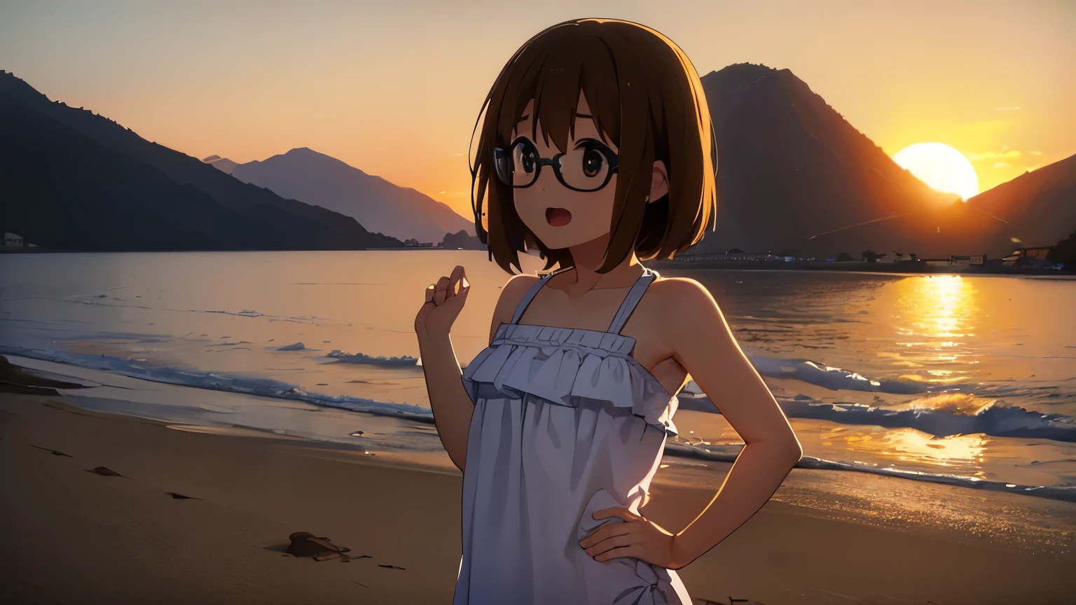 1girl, (((masterpiece))), top-quality, top-quality, High Details, Hirasawa Yui, 1girl, glasses, two yellow hairpin, short hair, A brown-haired, brown-eyed, 独奏, bikini clothes, underwear, bikini, full body, full image, illustratio, comic strip, soothing tones, Subdued Color, Soft cinematic light, adobe lightroom, photolab, HDR, intricately and hyper-detailed、(((depth of fields))))。(((masterpiece)))。(((top-quality))).)((ultra-detailliert)))。(((illustratio)))。(((takeout))).dynamic focus.big breasts.(((beach))).(((A mountain scape))).(((Face of happiness))). open mouth.(((put hands on the hip))).(((up chest))).((afternoon glow)).((the setting sun)).