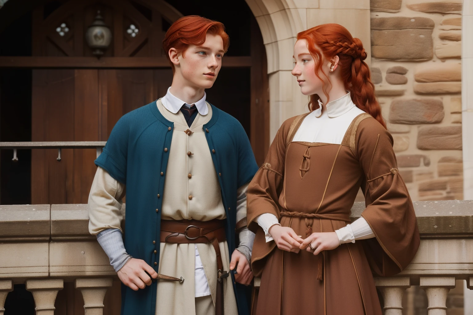 England, 1337. A young ((((21-year-old)) Merthin Fitzgerald)), handsome, athletic, in a balcony, with ((((Caris Wooler)))), ((awe expression)). ((((clothings from the 1300s)))), ((redhead hairstyle of the 1300s))