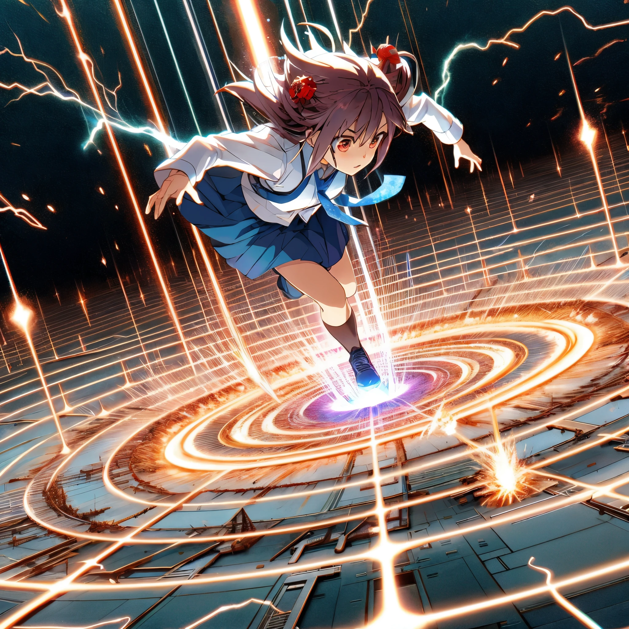 anime girl in a blue dress running through a circular vortex, railgun, interdimensional lightning, splashes of lightning behind her, anime epic artwork, anime style 4 k, she is attracting lightnings, japanese lightning goddess, detailed key anime art, best anime 4k konachan wallpaper, official artwork, 4 k manga wallpaper, anime wallaper, amazing wallpaper