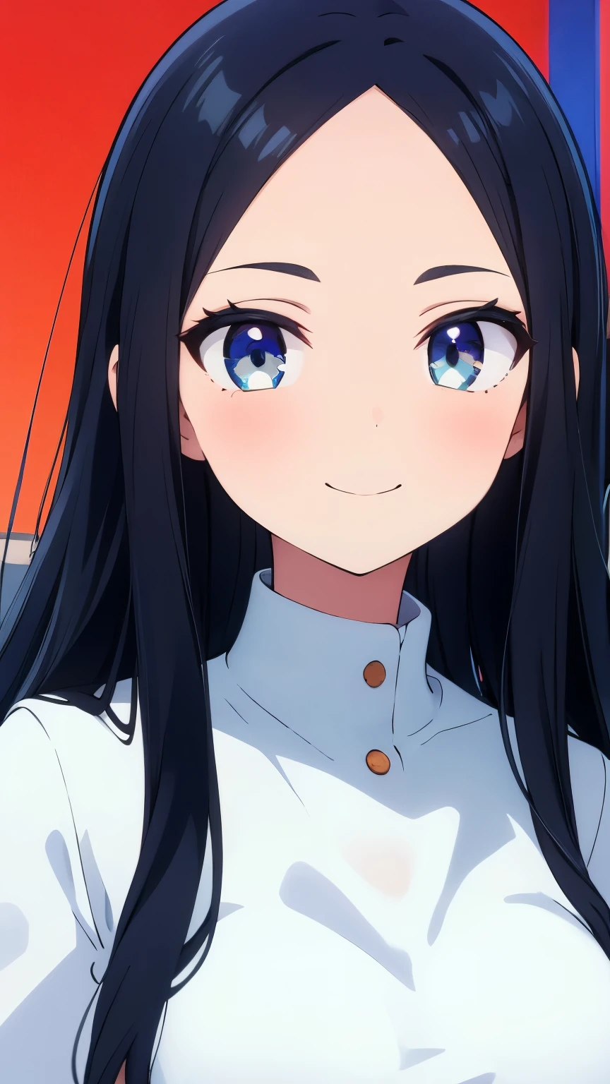 One girl with black hair, hair length until bust, straight hair, hair parted in center of head, round face. hairstyle with a center part, that the hair should be parted down the middle, creating a symmetrical look without any frontal hair covering the forehead. Looking straight. Looking straight at viewers. Smiling. Happy. Wearing casual shirt. Straight pose. Frontal view