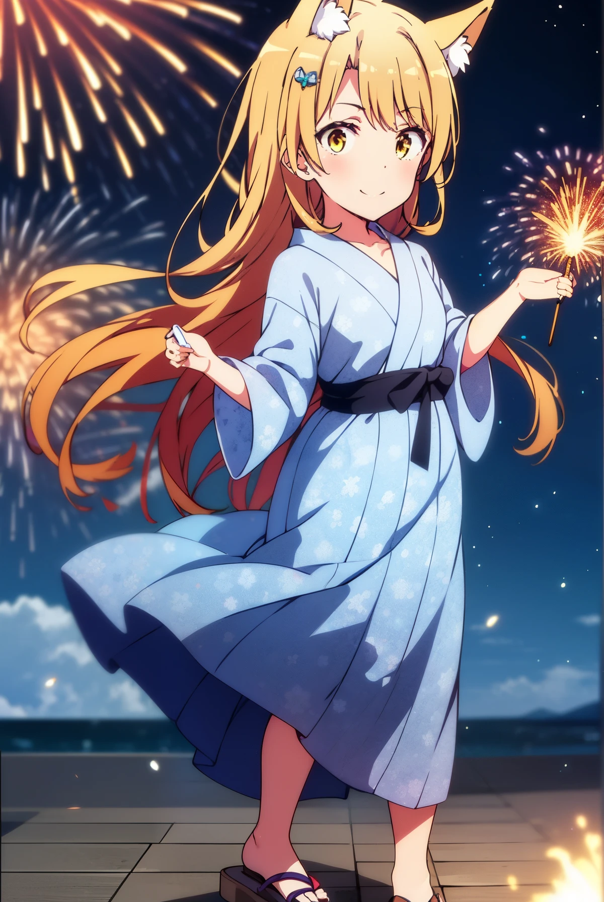 irohaisshiki, Isshiki Iroha, long hair, brown hair, (brown eyes:1.5), smile,animal ears,fox ears,fox tail,flower hair ornament,Yukata with yellow floral pattern,long skirt,Zori sandals,firework in the night sky,firework,The place is a firework display,Time is night,sunny day,So that the whole body is included in the illustration,
break outdoors, 神社
break looking at viewer,
break (masterpiece:1.2), highest quality, High resolution, unity 8k wallpaper, (shape:0.8), (beautiful and detailed eyes:1.6), highly detailed face, perfect lighting, Very detailed CG, (perfect hands, perfect anatomy),