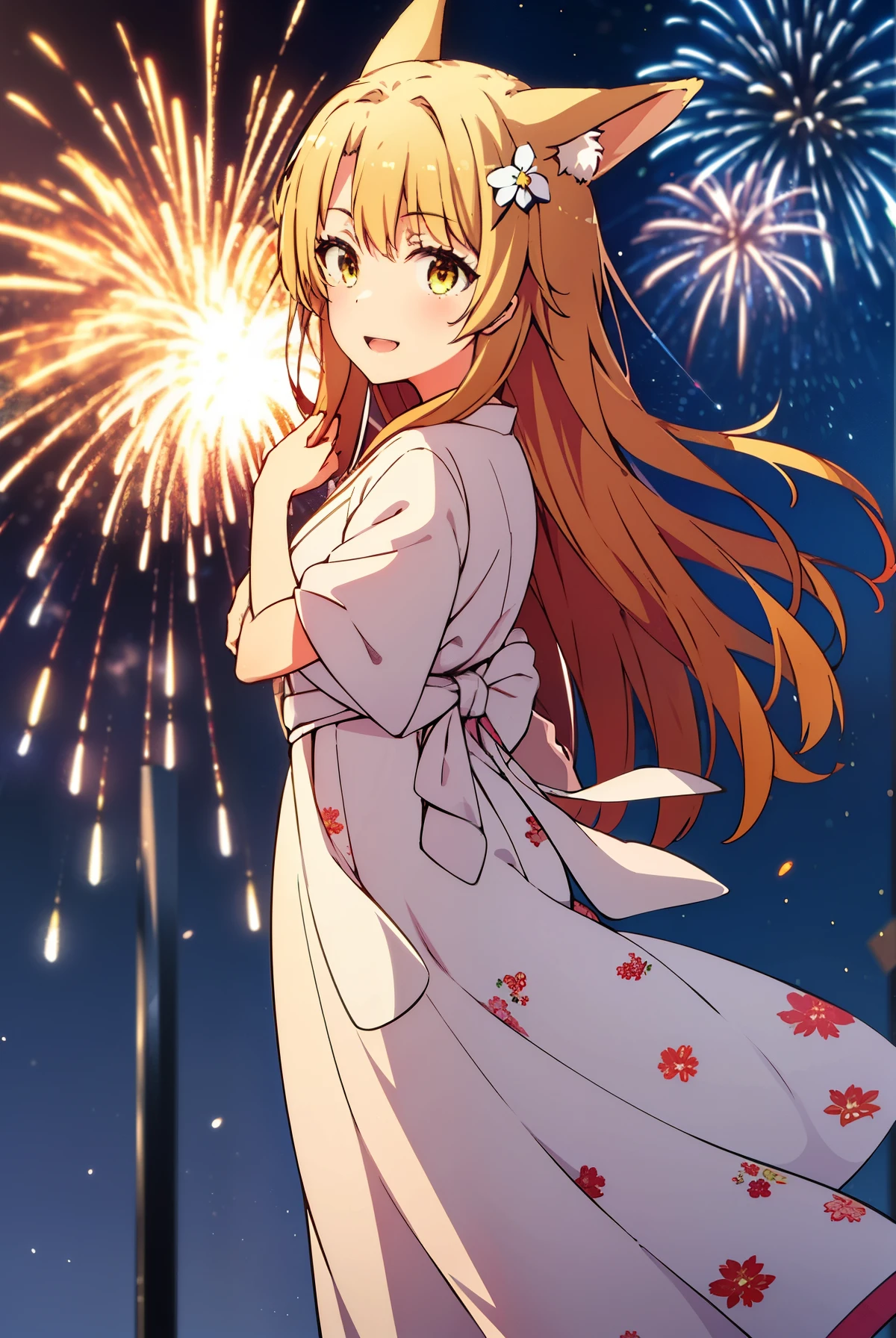 irohaisshiki, Isshiki Iroha, long hair, brown hair, (brown eyes:1.5), smile,animal ears,fox ears,fox tail,flower hair ornament,Yukata with yellow floral pattern,long skirt,Zori sandals,firework in the night sky,firework,The place is a firework display,Time is night,sunny day,So that the whole body is included in the illustration,
break outdoors, 神社
break looking at viewer,
break (masterpiece:1.2), highest quality, High resolution, unity 8k wallpaper, (shape:0.8), (beautiful and detailed eyes:1.6), highly detailed face, perfect lighting, Very detailed CG, (perfect hands, perfect anatomy),