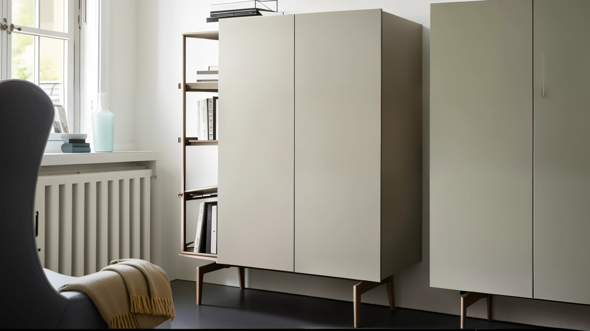 There is a chair and a cabinet in the room, cupboard家具, cupboard, designer furniture, elegant wardrobe, The console is tall and majestic, cupboard, simple furniture, elegant minimalism, inspiration, elegant furniture, Encouraging, Elegant futuristic wardrobe, style furniture, contemporary, Otaka, more details, modern gallery furniture, high quality photos, ocher