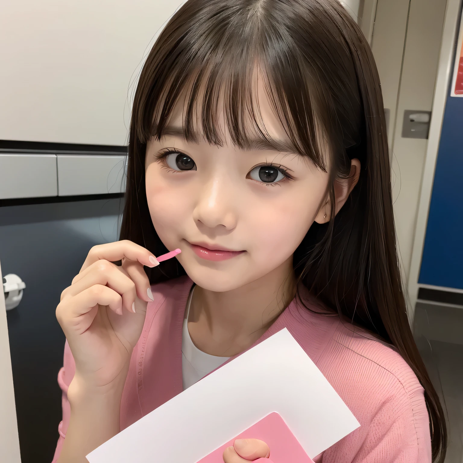 A woman that is wearing a blue shirt blushing and showing a test pack that show that she was pregnant, realistic young anime girl, Kawai realm style, hyper realistic anime