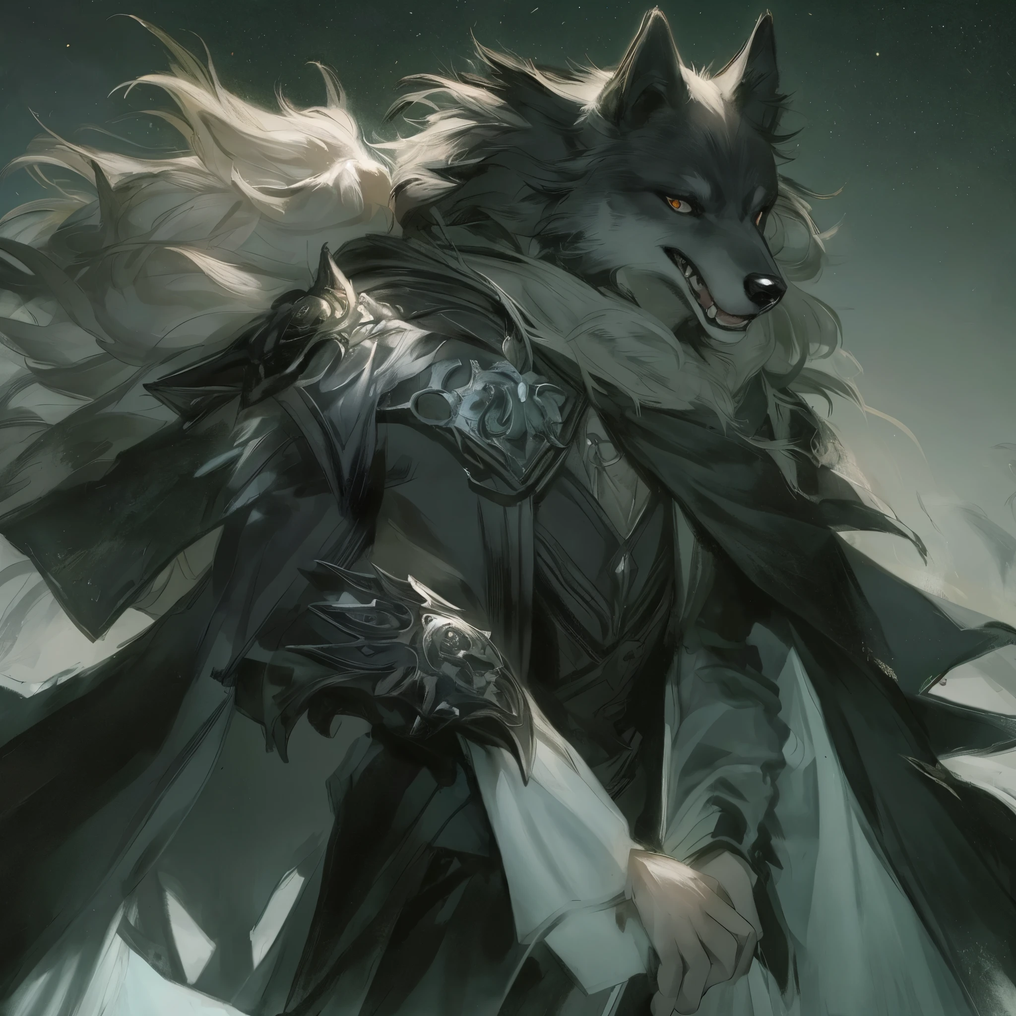 black cloak, Ruan Jia, Pino Deheni, black gem, stupid dog, Male wolf muscles, (Detailed face), (Delicate and lovely skin), Elegant wolf, Wolf tie, rallyism