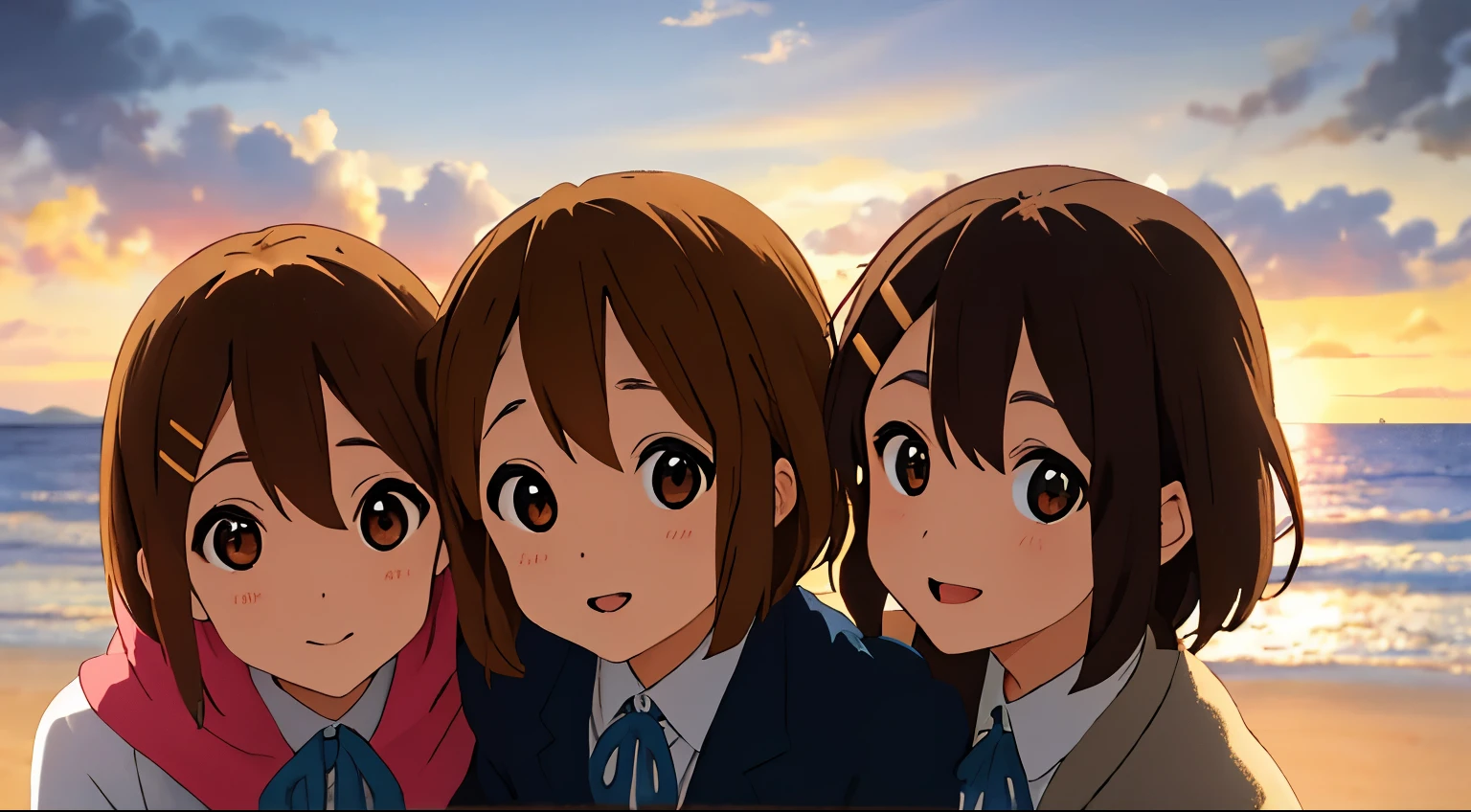 ((masterpiece, best quality:1.35)), (intricate details), volumetric light, volumetric, cinematic, light diffusion, bloom, lens reflection, dynamic light, vibrant, HDR:1.25, illustration, girl, beautiful face, (smiling), smile with teeth, (hairpins), k-on:1.15, school uniform, (Yui Hirasawa), at the beach, the ocean is in the background, she is close to the camera, looking at viewer, sunset in background, blue blazer, blue jacket, outside, clouds, sand, short hair, bangs, looking at viewer, close up, cute