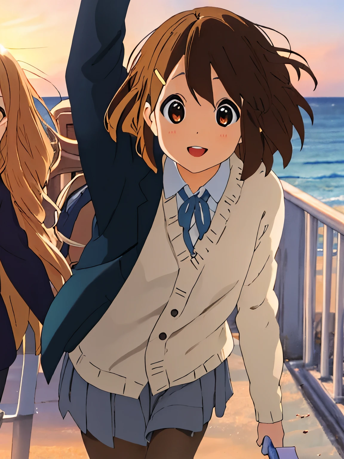 ((masterpiece, best quality:1.35)), (intricate details), volumetric light, volumetric, cinematic, light diffusion, bloom, lens reflection, dynamic light, vibrant, HDR:1.25, illustration, girl, beautiful face, (smiling), (hairpins), k-on:1.15, school uniform, (Yui Hirasawa), at the beach, the ocean is in the background, she is close to the camera, looking at viewer, sunset in background, blue blazer, blue jacket, outside, clouds, sand, short hair, bangs, looking at viewer, close up, cute