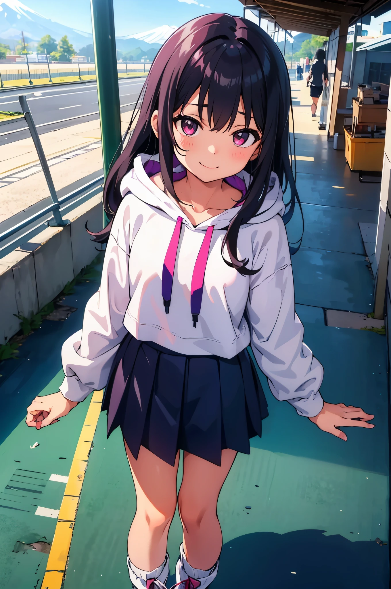 on the pedestrian bridge fence and wire mesh elementary school girl 8-year-old flat chest black hair long hair eyes are purple ((1 person)) upper body pink hoodie Lower body navy blue miniskirt((White panties are visible)) black socks sneakers standing in front of the pedestrian bridge fence spread your legs a little I can see white panties dynamic angle Low angle from the front