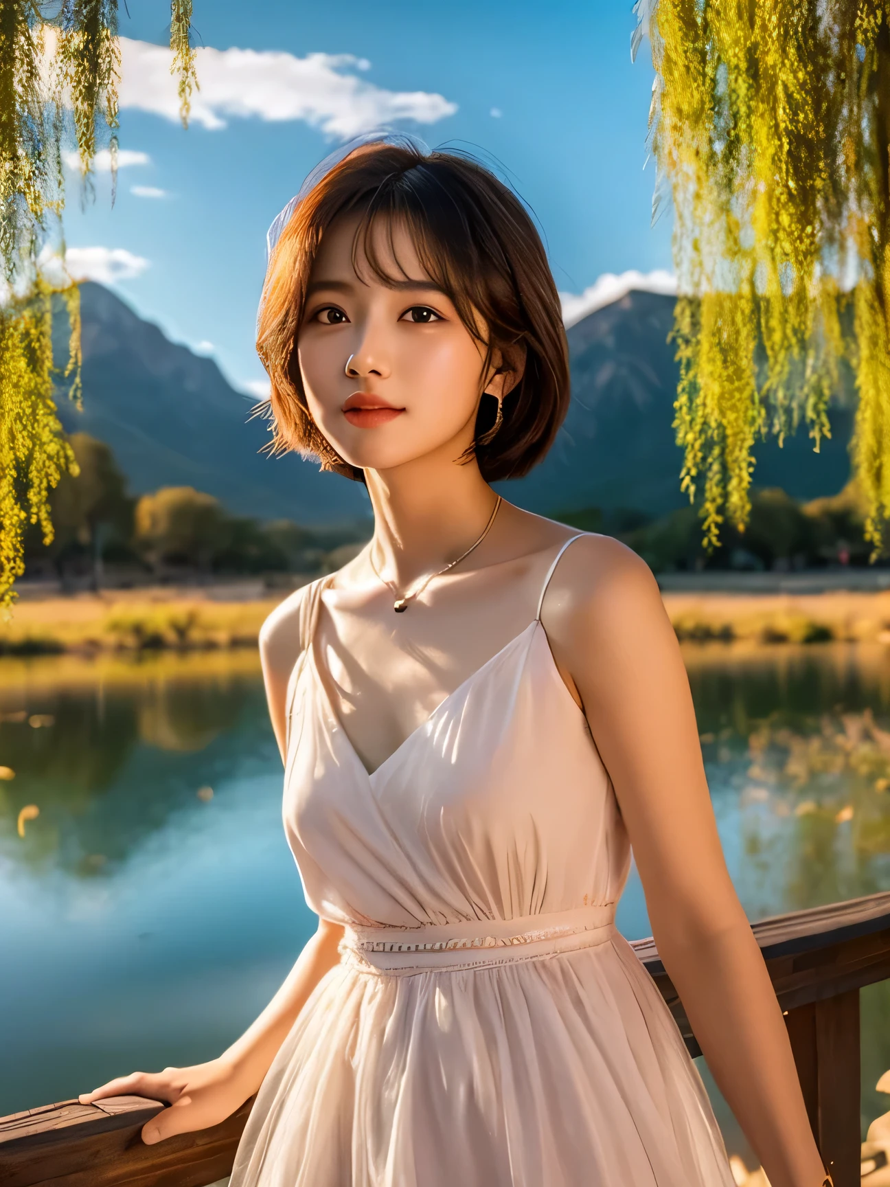1 boy, serene expression, mesmerizing eyes, short hair, flowing dress, poised posture, porcelain skin, subtle blush, crystal pendant
BREAK
golden hour, (rim lighting):1.2, warm tones, sun flare, soft shadows, vibrant colors, painterly effect, dreamy atmosphere
BREAK
scenic lake, distant mountains, willow tree, calm water, reflection, sunlit clouds, peaceful ambiance, idyllic sunset, ultra detailed, official art, unity 8k wallpaper
, zentangle, mandala