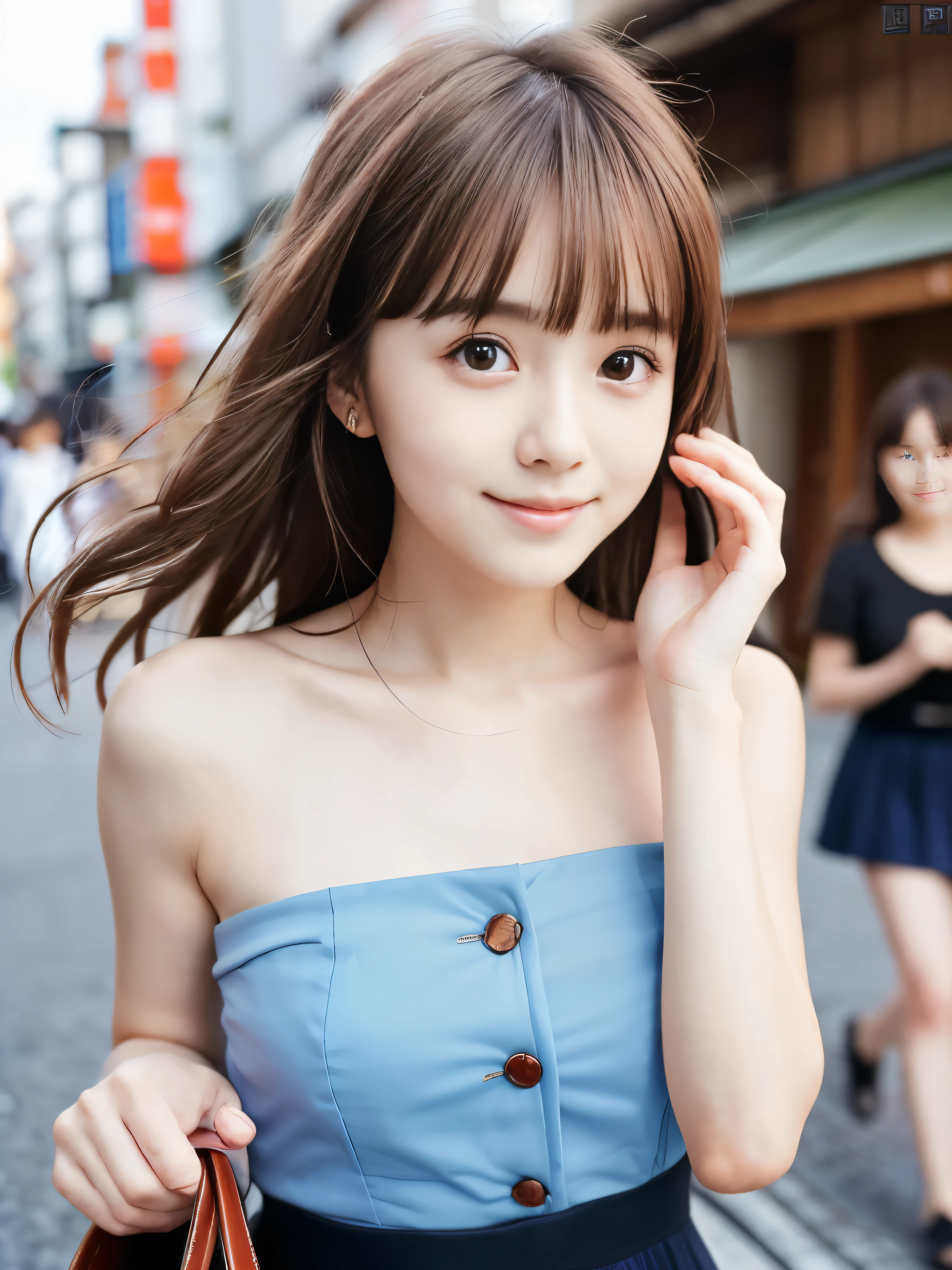 (wearing a white tube top and skirt、Close-up face shot of slender small-breasted reddish-brown long wavy hair with blunt bangs:1.5)、(A girl is walking down the street of a Japanese city.、holding a handbag with a small smile。:1.5)、(summer blue sky:1.5)、(blurred background:1.5)、(perfect anatomy:1.5)、photorealistic stick、RAW photo、table top、highest quality、High resolution、delicate and beautiful、perfect face、delicate and beautiful目元の空気肌、real human skin、((thin legs))
