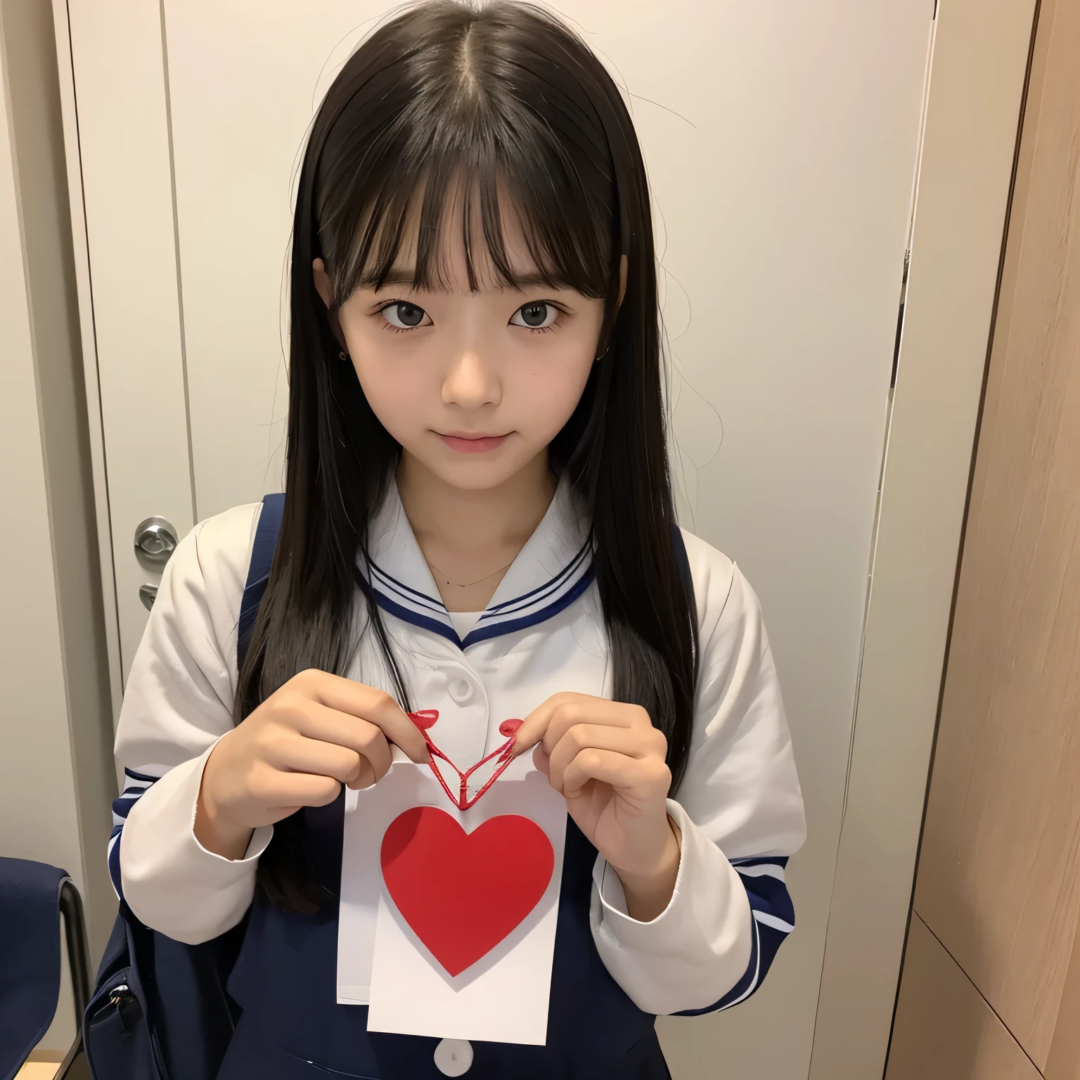 realistic pictures、Highest品質、ultra high resolution、Professional specifications、((とてもロリなprimary school studentが手紙を差し出す))、(((put a letter forward)))、school classroom、sailor suit、primary school student、lolicon、Highest、10 years old、love confession、that'Square letters with a red heart pattern in the middle.、Hold the letter with both hands、embarrassing、blush、