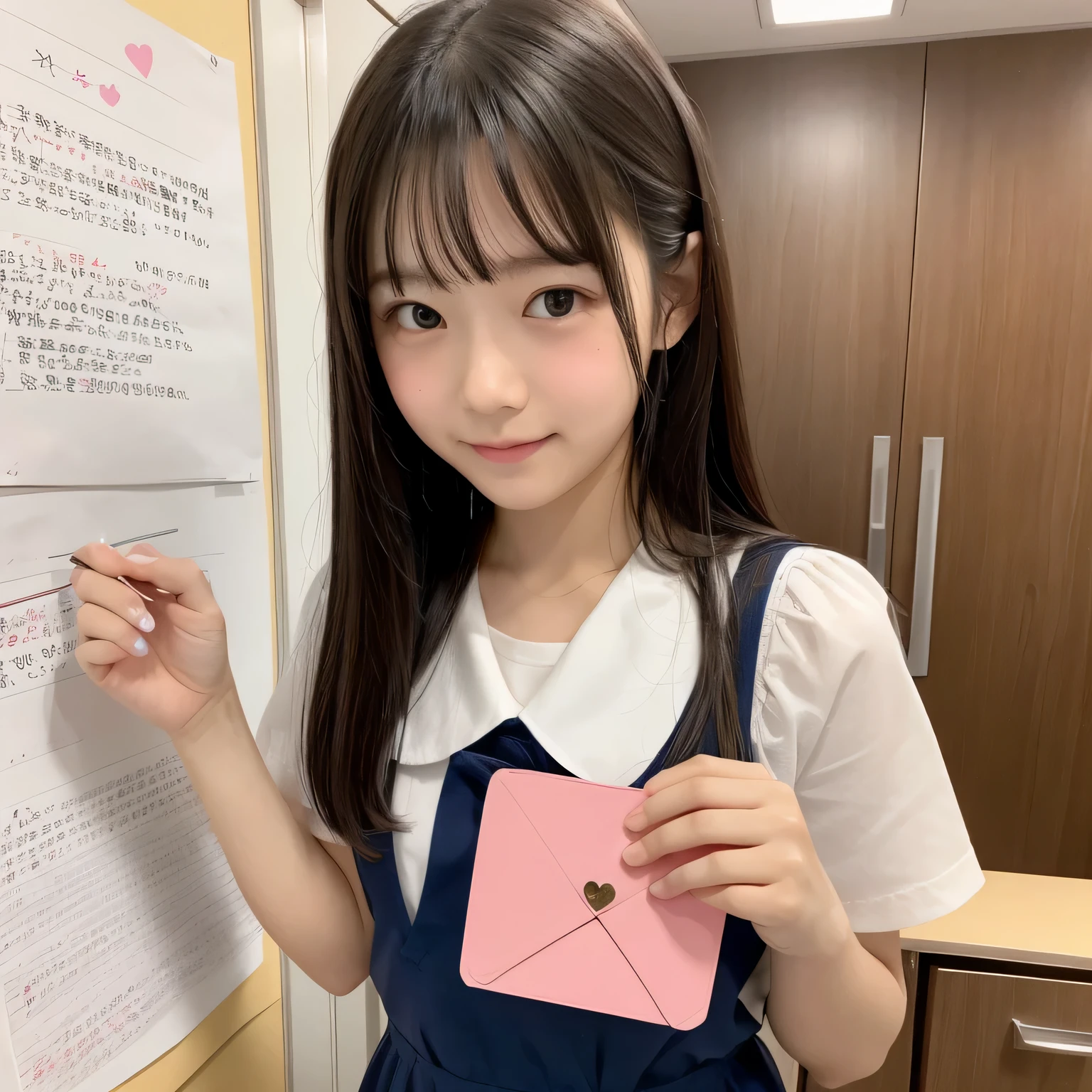 realistic pictures、Highest品質、ultra high resolution、Professional specifications、((とてもロリなprimary school studentが手紙を差し出す))、(((Hold the letter with both hands)))、school classroom、sailor suit、primary school student、con、Highest、10 ye confession、pink square letters、embarrassing、blush、