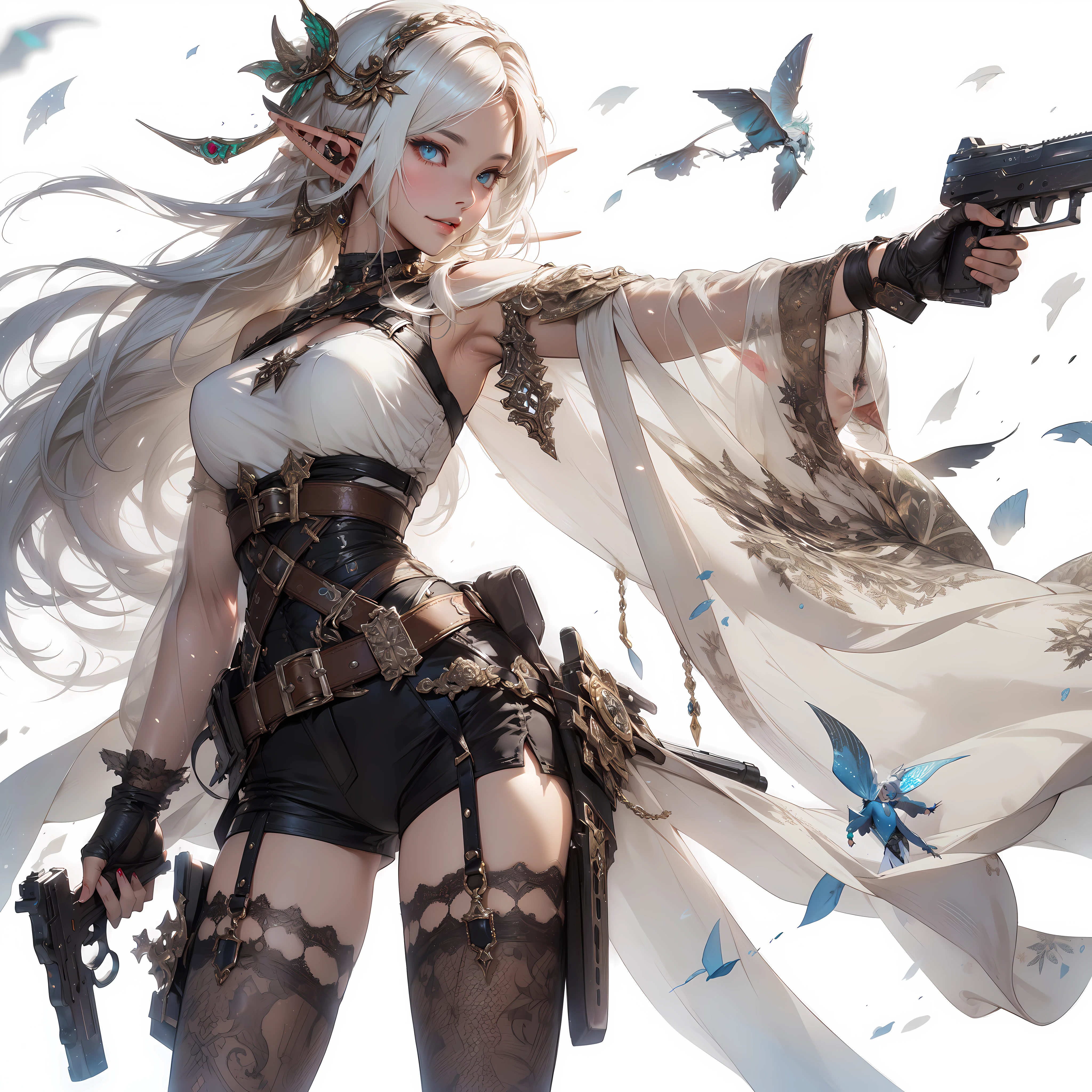 A portrayal of a sweet elf girl standing with a gun in hand, radiating a sense of determination and strength, style by Yoji Shinkawa, full body, dynamic pose, perfect anatomy, Fantasy art style, soul, approach to perfection, cell shading, 8k, cinematic dramatic atmosphere, watercolor painting, BREAK,

perfect face, details eye, ((elf:1.4)), (1girl), (hairstyle:1.6), (messy hair), (white hair), Plump lips, blue eyes, happy expression, medium breast.
