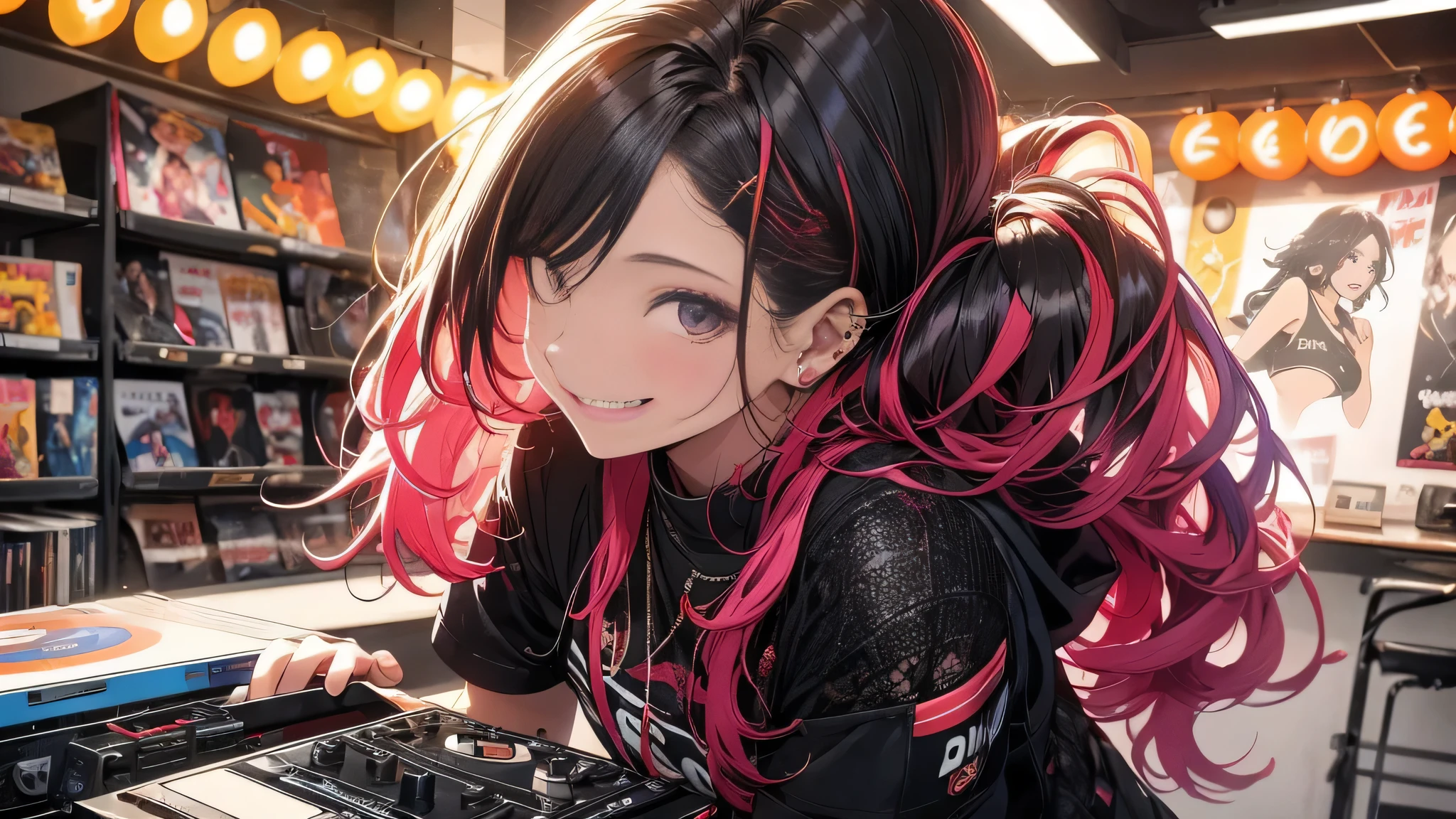 Uma mulher RedHead, sonhadora trabalha em uma loja de discos como vendedora. She is a fan of lo-fi and collects rare vinyls. She dreams of being a famous DJ and playing her favorite songs to the public. She feels excited and hopeful. (best resolution), (ultra high resolution)