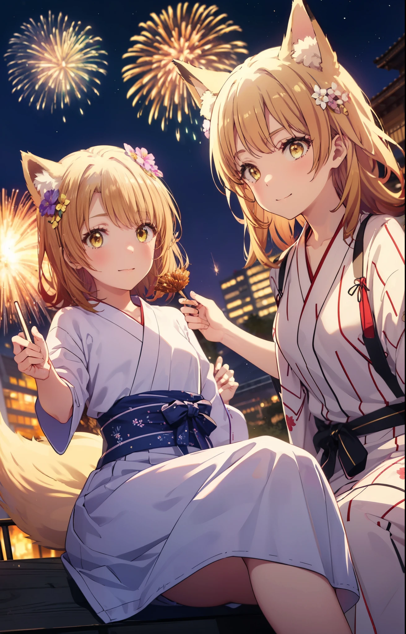 irohaisshiki, Isshiki Iroha, long hair, brown hair, (brown eyes:1.5), smile,animal ears,fox ears,fox tail,flower hair ornament,Yukata with yellow floral pattern,long skirt,Zori sandals,firework in the night sky,firework,The place is a firework display,Time is night,sunny day,So that the whole body is included in the illustration,
break outdoors, destroy the shrine (masterpiece:1.2), highest quality, High resolution, unity 8k wallpaper, (shape:0.8), (beautiful and detailed eyes:1.6), highly detailed face, perfect lighting, Very detailed CG, (perfect hands, perfect anatomy),