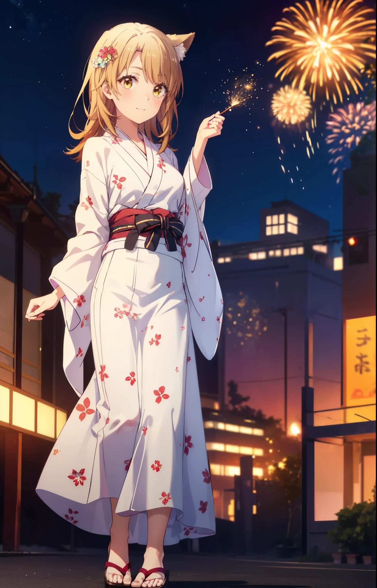 irohaisshiki, Isshiki Iroha, long hair, brown hair, (brown eyes:1.5), smile,animal ears,fox ears,fox tail,flower hair ornament,Yukata with yellow floral pattern,long skirt,Zori sandals,firework in the night sky,firework,The place is a firework display,Time is night,sunny day,So that the whole body is included in the illustration,
break outdoors, destroy the shrine (masterpiece:1.2), highest quality, High resolution, unity 8k wallpaper, (shape:0.8), (beautiful and detailed eyes:1.6), highly detailed face, perfect lighting, Very detailed CG, (perfect hands, perfect anatomy),