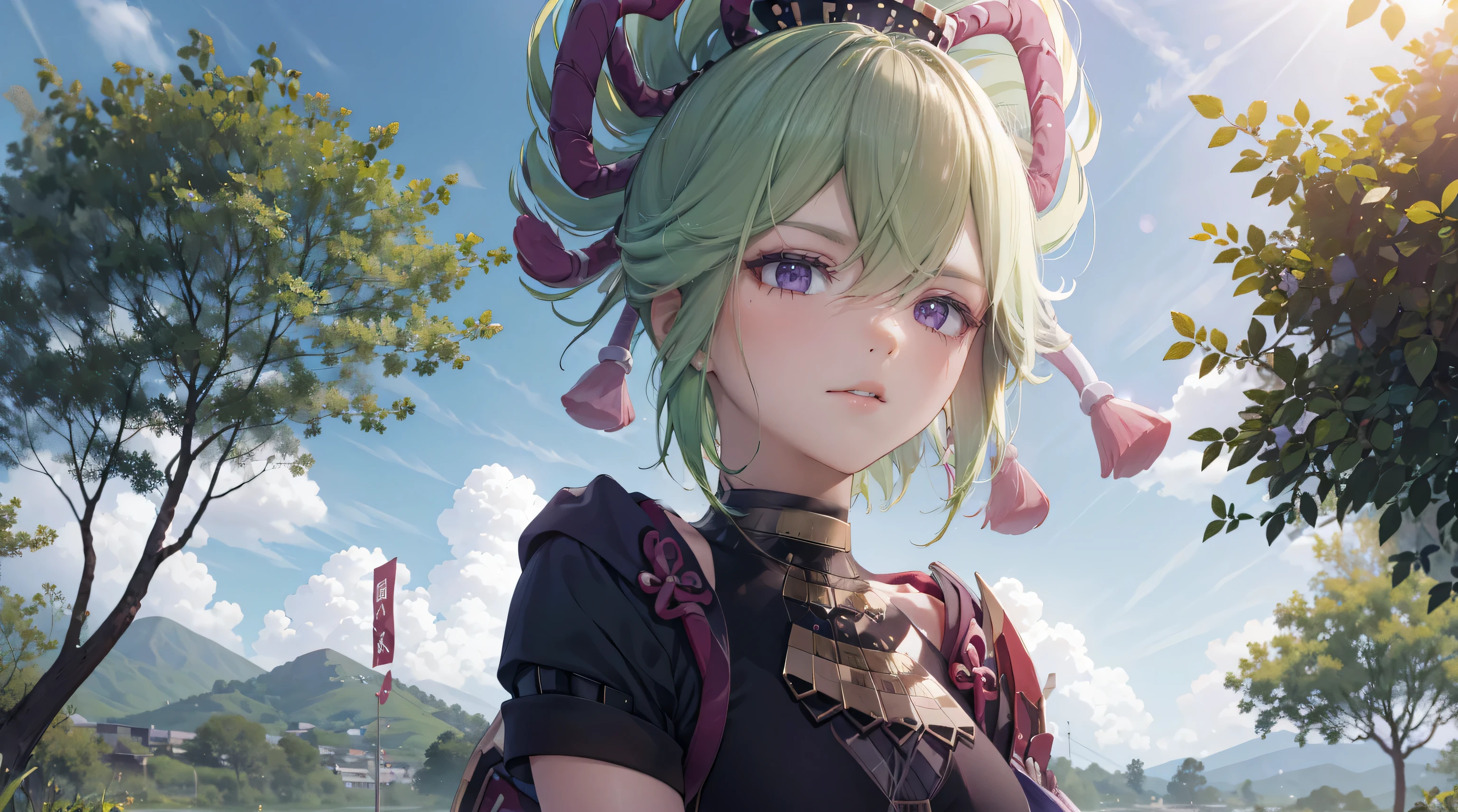 (best quality,8k,height,Masterpiece:1.2),(realistic,photorealistic,photo-realistic:1.37), Nai Ta Si Purple traditional Japanese bakery,Beautifully detailed eyes,happiness,glowing eyes,smile,บรรยากาศquiet,Traditional Japanese clothing,work(best quality,Full range,advert:1.2),bright and warm,Sweet and sleepy,happinessบริบูรณ์,รอยsmileสดใส,cherry tree,quiet,aroma,dreamlike,bright colors,delicate light,Traditional Japanese tea set,Lively atmosphere, The background is an old Japanese town with cherry trees.,