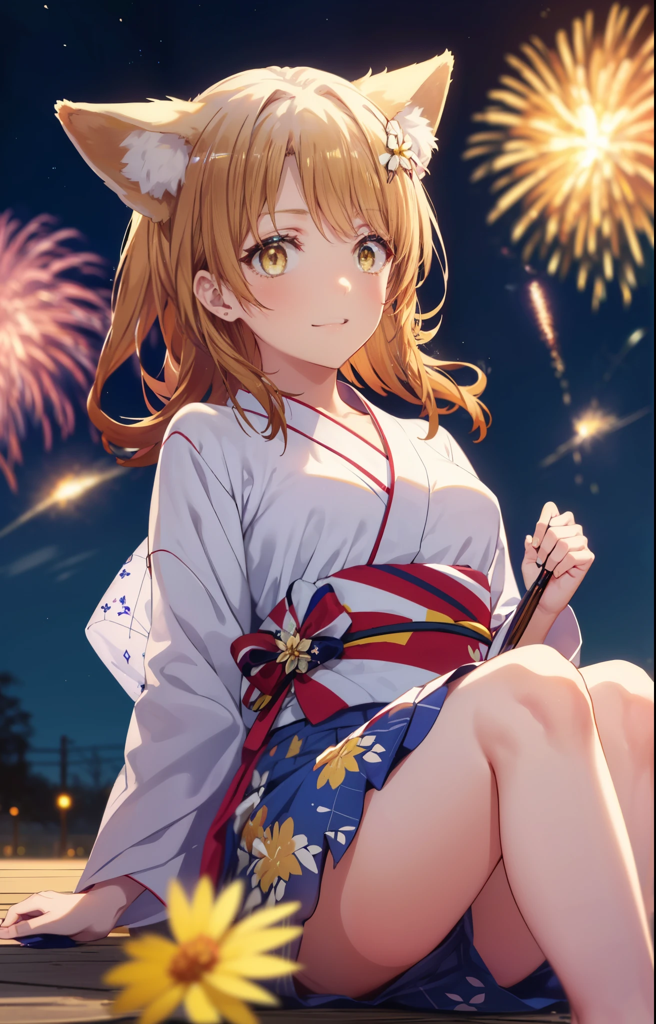 irohaisshiki, Isshiki Iroha, long hair, brown hair, (brown eyes:1.5), smile,animal ears,fox ears,fox tail,flower hair ornament,Yukata with yellow floral pattern,long skirt,Zori sandals,firework in the night sky,firework,The place is a firework display,Time is night,sunny day,So that the whole body is included in the illustration,
break outdoors, destroy the shrine (masterpiece:1.2), highest quality, High resolution, unity 8k wallpaper, (shape:0.8), (beautiful and detailed eyes:1.6), highly detailed face, perfect lighting, Very detailed CG, (perfect hands, perfect anatomy),