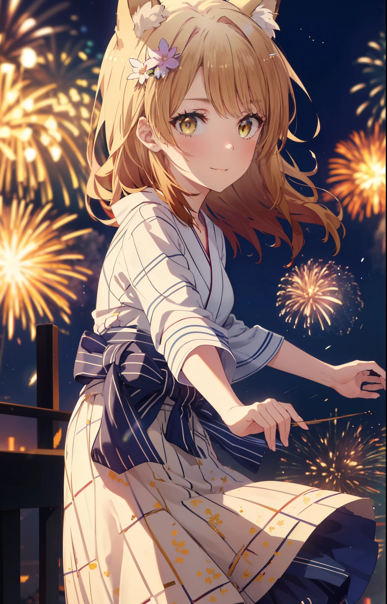 irohaisshiki, Isshiki Iroha, long hair, brown hair, (brown eyes:1.5), smile,animal ears,fox ears,fox tail,flower hair ornament,Yukata with yellow floral pattern,long skirt,Zori sandals,firework in the night sky,firework,The place is a firework display,Time is night,sunny day,So that the whole body is included in the illustration,
break outdoors, destroy the shrine (masterpiece:1.2), highest quality, High resolution, unity 8k wallpaper, (shape:0.8), (beautiful and detailed eyes:1.6), highly detailed face, perfect lighting, Very detailed CG, (perfect hands, perfect anatomy),