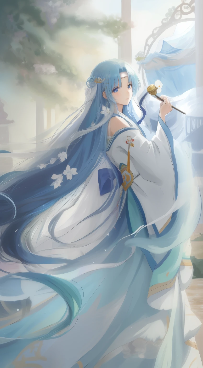 Anime girl with long hair in blue dress holding white swan, flowing hair and gown, beautiful youth spirit, author：Yang Jie, beautiful figure painting, Transparent Yumi, Wearing a long haired cloak, Beautiful fantasy anime, Beautiful celestial mage, flowing magic robe, Inspired by Bian Shoumin, heise jinyao, inspired by Guan Daosheng