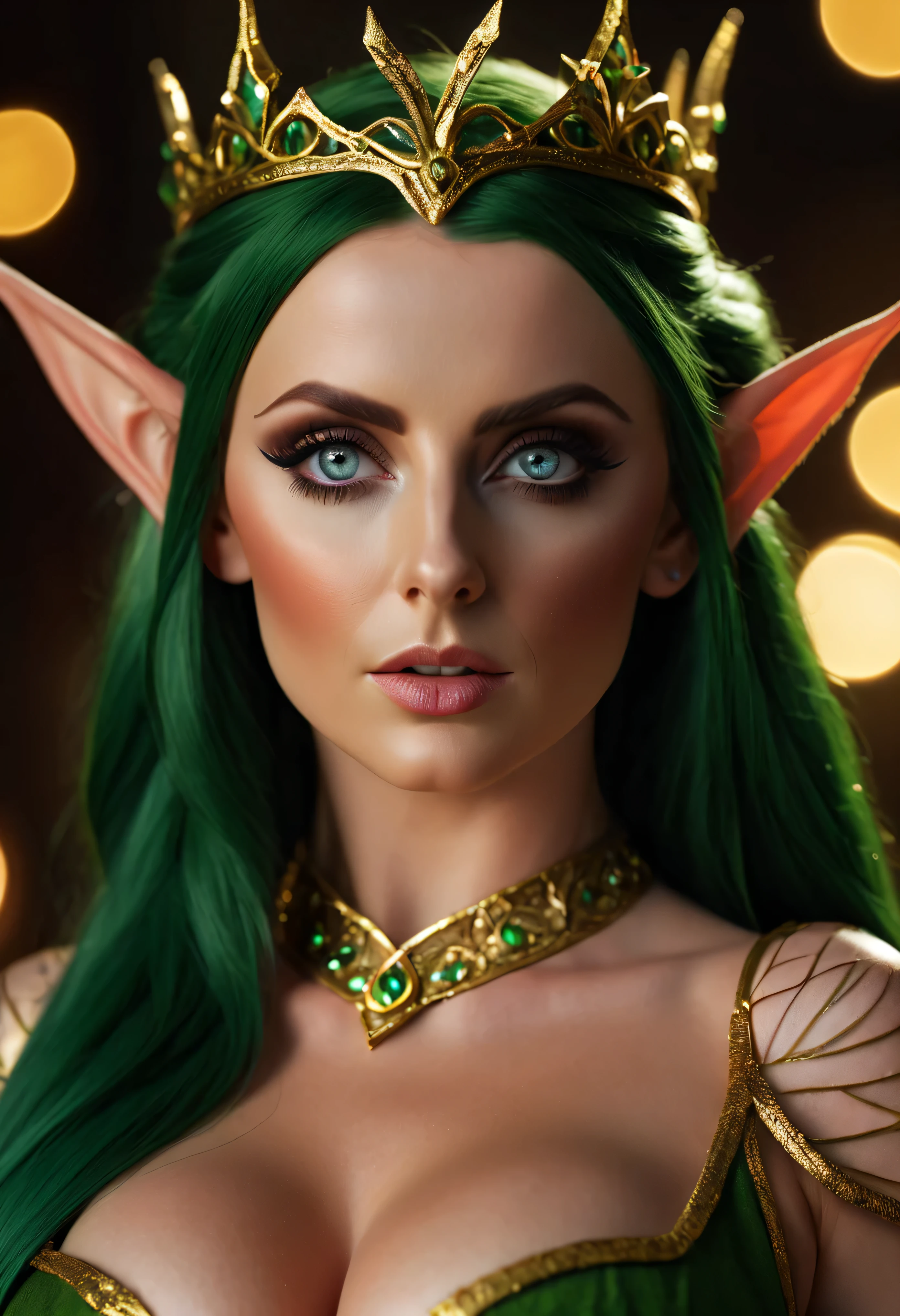 4k highly detailed realistic digital extremely high quality RAW photograph, a portrait photo of Sophie Dee as a fantasy elf queen, (beautiful and detailed eyes: 1.1), bimbo, seductive, sexy, large breasts, epic, hyperrealistic, hyperrealism, 8k, cinematic lighting, (f1.8 short focus bokeh)