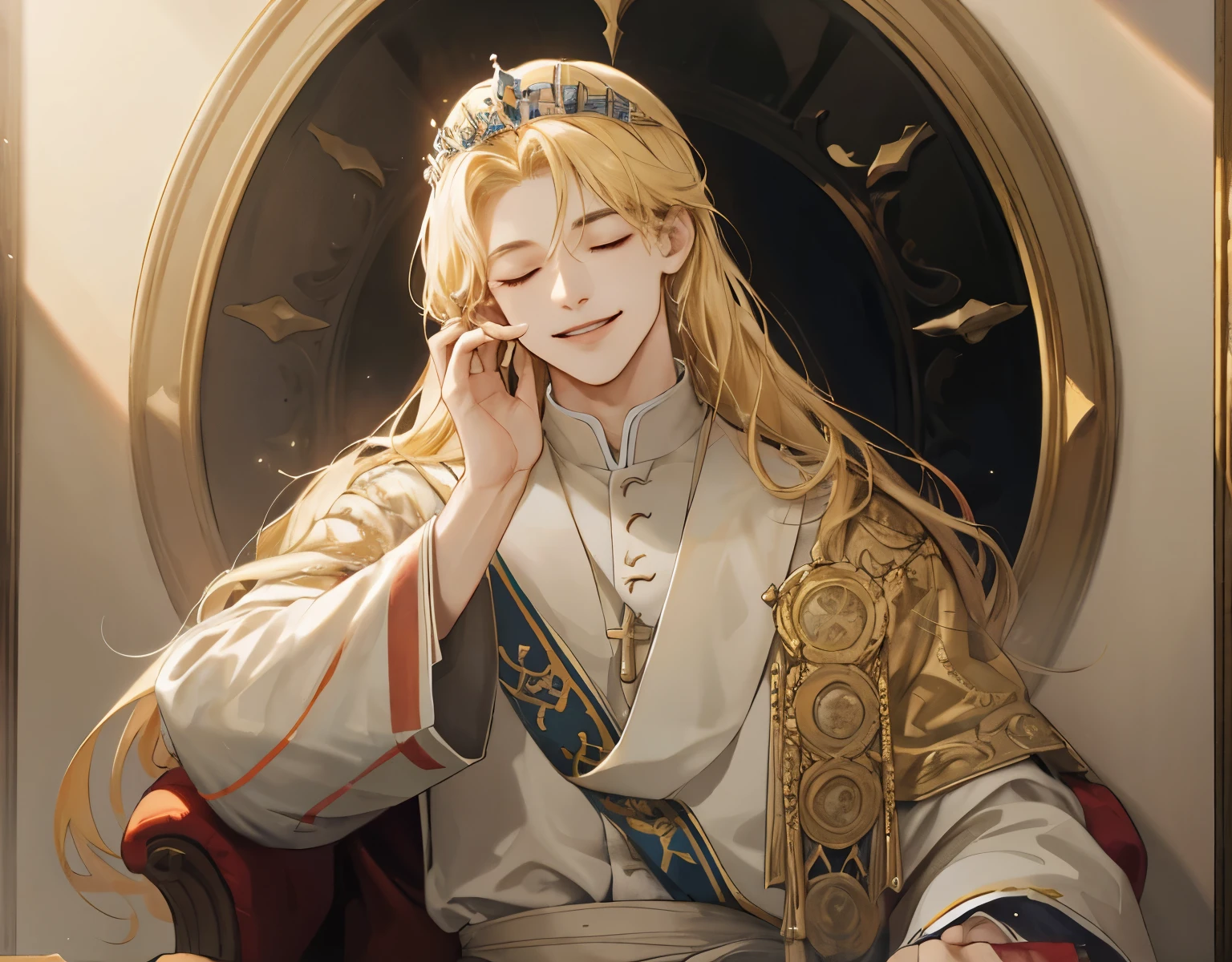 1 male, pope, blonde hair, long hair, tiara, closed eyes, light smile, Classicism, UHD, masterpiece, super detail, high details, high quality, best quality, highres, 1080P, HD