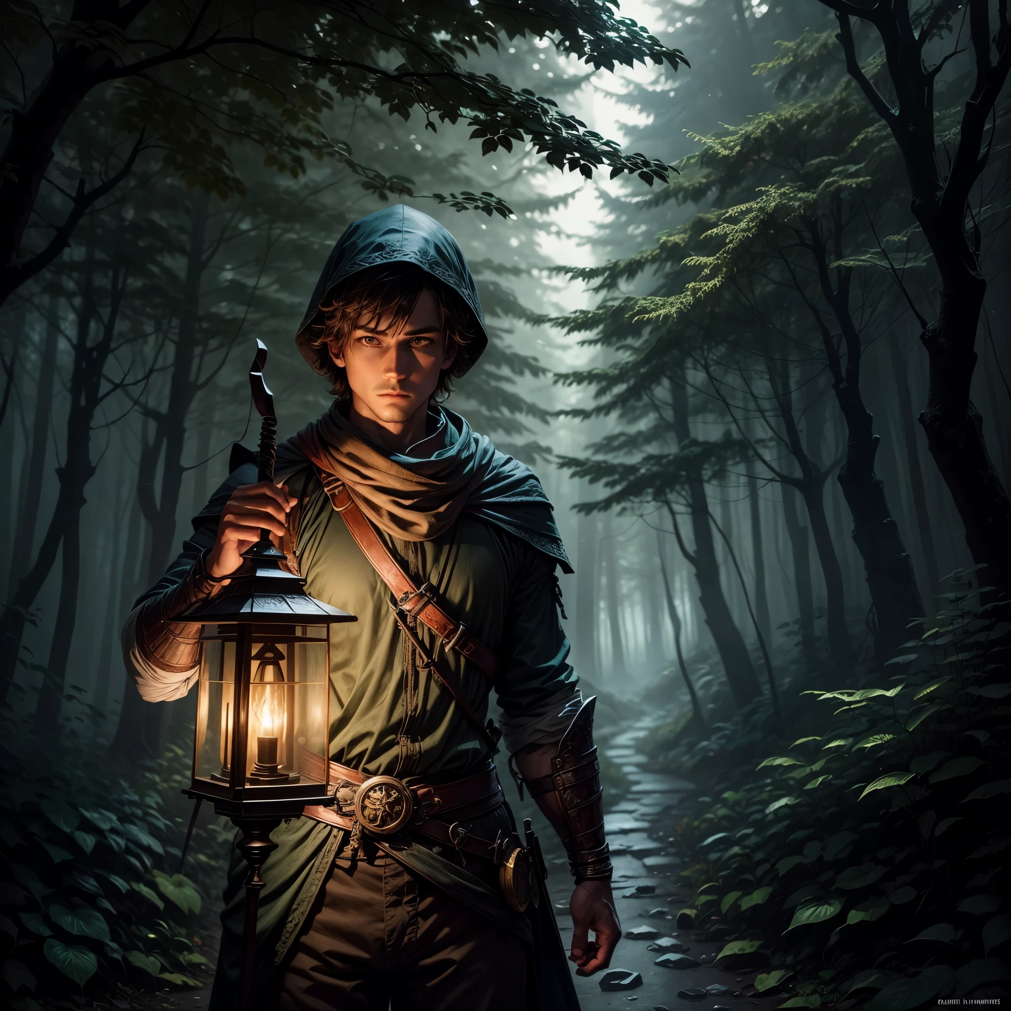 Adventurer holding a sword and a lantern, in dark forest
