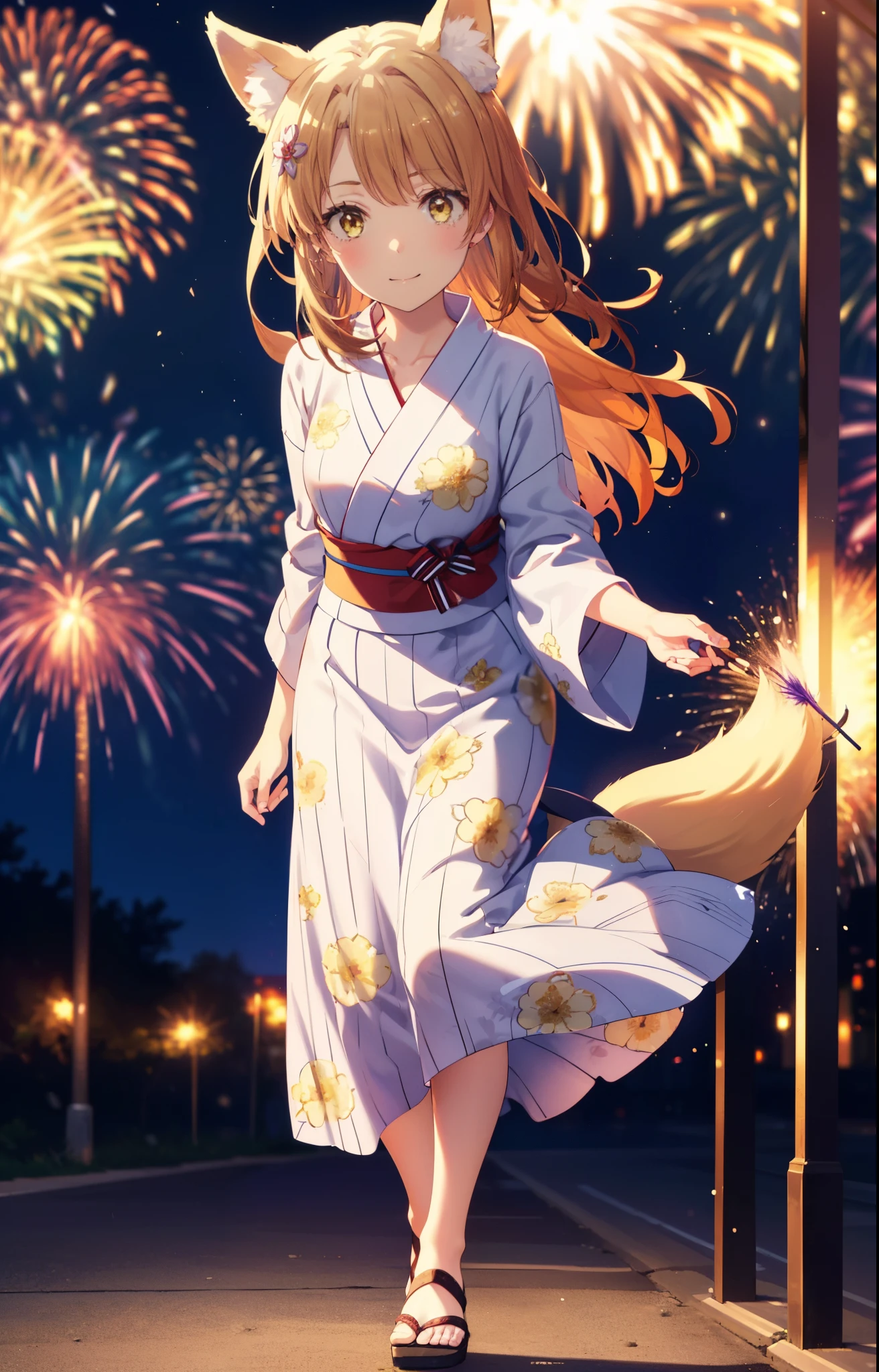 irohaisshiki, Isshiki Iroha, long hair, brown hair, (brown eyes:1.5), smile,animal ears　fox ears,Animal tail　fox tail,flower hair ornament,Yukata with yellow floral pattern,long skirt,Zori sandals,firework in the night sky,firework,The place is a firework display,Time is night,sunny day,So that the whole body is included in the illustration,
break outdoors, destroy the shrine (masterpiece:1.2), highest quality, High resolution, unity 8k wallpaper, (shape:0.8), (beautiful and detailed eyes:1.6), highly detailed face, perfect lighting, Very detailed CG, (perfect hands, perfect ???????),