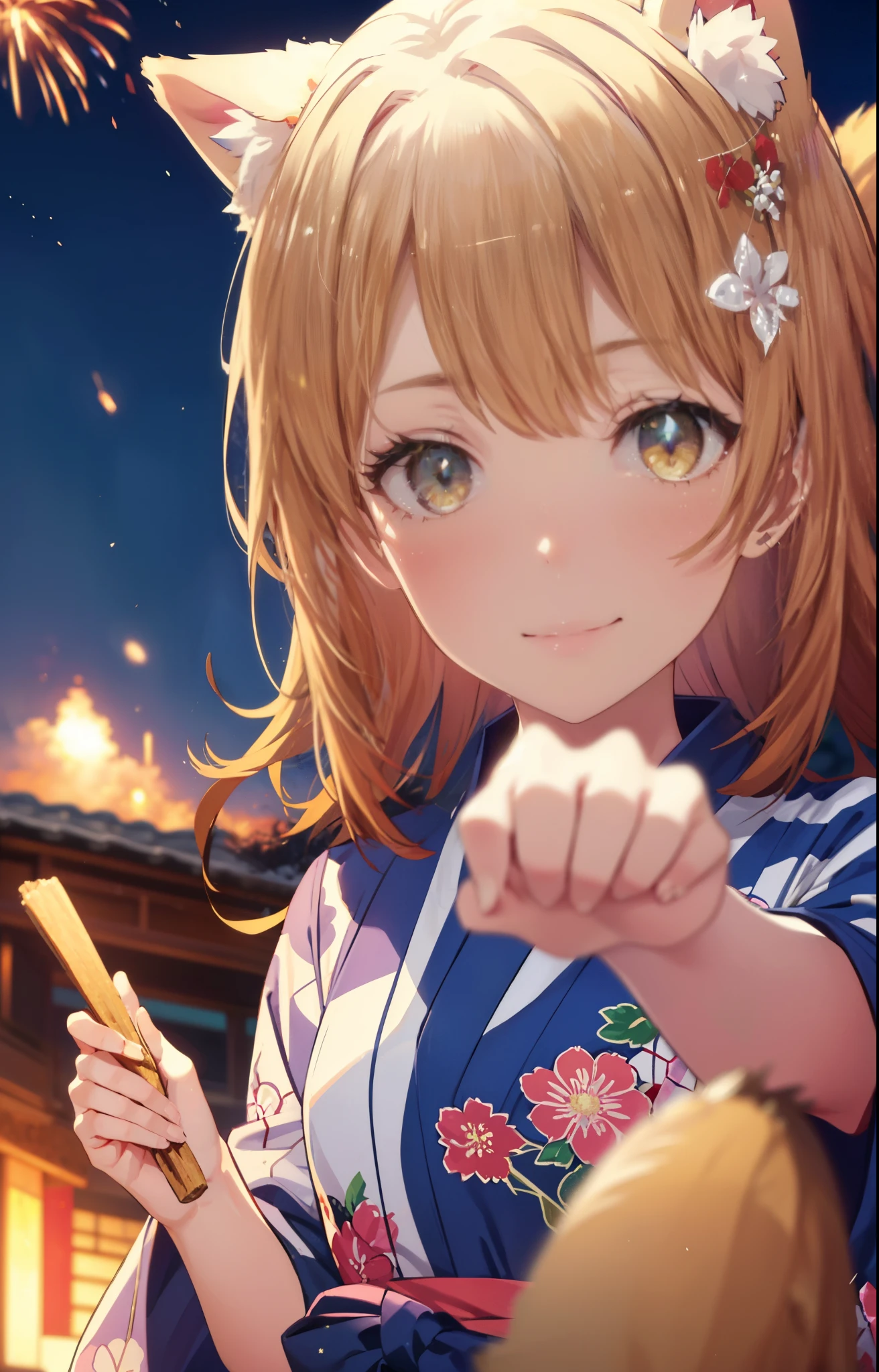 irohaisshiki, Isshiki Iroha, long hair, brown hair, (brown eyes:1.5), smile,animal ears　fox ears,Animal tail　fox tail,flower hair ornament,Yukata with yellow floral pattern,long skirt,Zori sandals,firework in the night sky,firework,The place is a firework display,Time is night,sunny day,So that the whole body is included in the illustration,
break outdoors, destroy the shrine (masterpiece:1.2), highest quality, High resolution, unity 8k wallpaper, (shape:0.8), (beautiful and detailed eyes:1.6), highly detailed face, perfect lighting, Very detailed CG, (perfect hands, perfect anatomy),