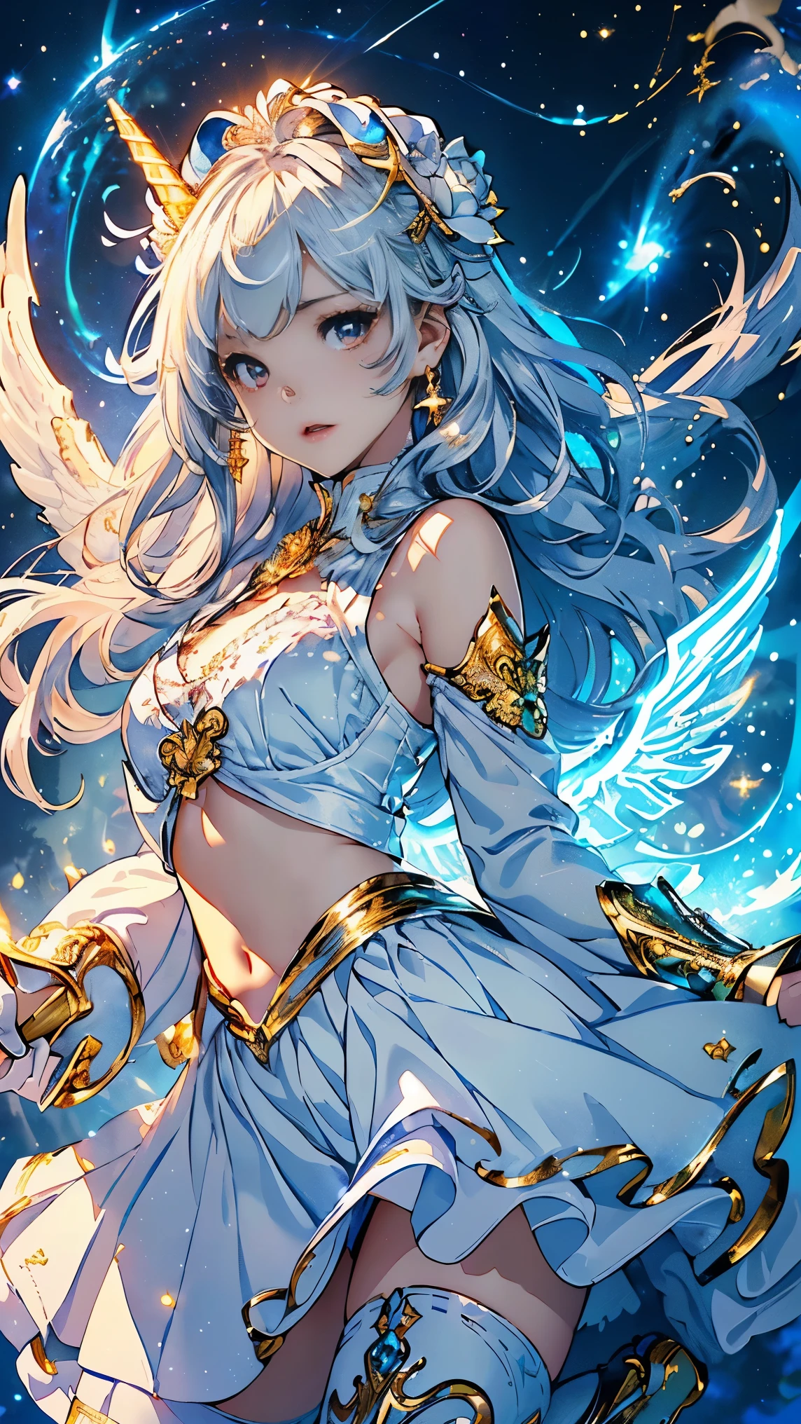 最high quality、best image quality、masterpiece、with a girl((18-year-old、bright clothes、white bra、white dress、Gold Skirt、 vest bust、bust 90、long silver hair、red eyes、open your chest wide、valley、happiness、Slender、angelic face、Aura of Light、Wings of the Universe、Angel Boots、gold accessories、white rose hair clip、Gripping a metal gun)）high quality、beautiful art、With background((clear sky、golden light pours down、Blue Thunder、Lots of angels、shining house、unicorn、heavenly light,Beautiful Blue Earth))、table top、elaborate design、visual art、